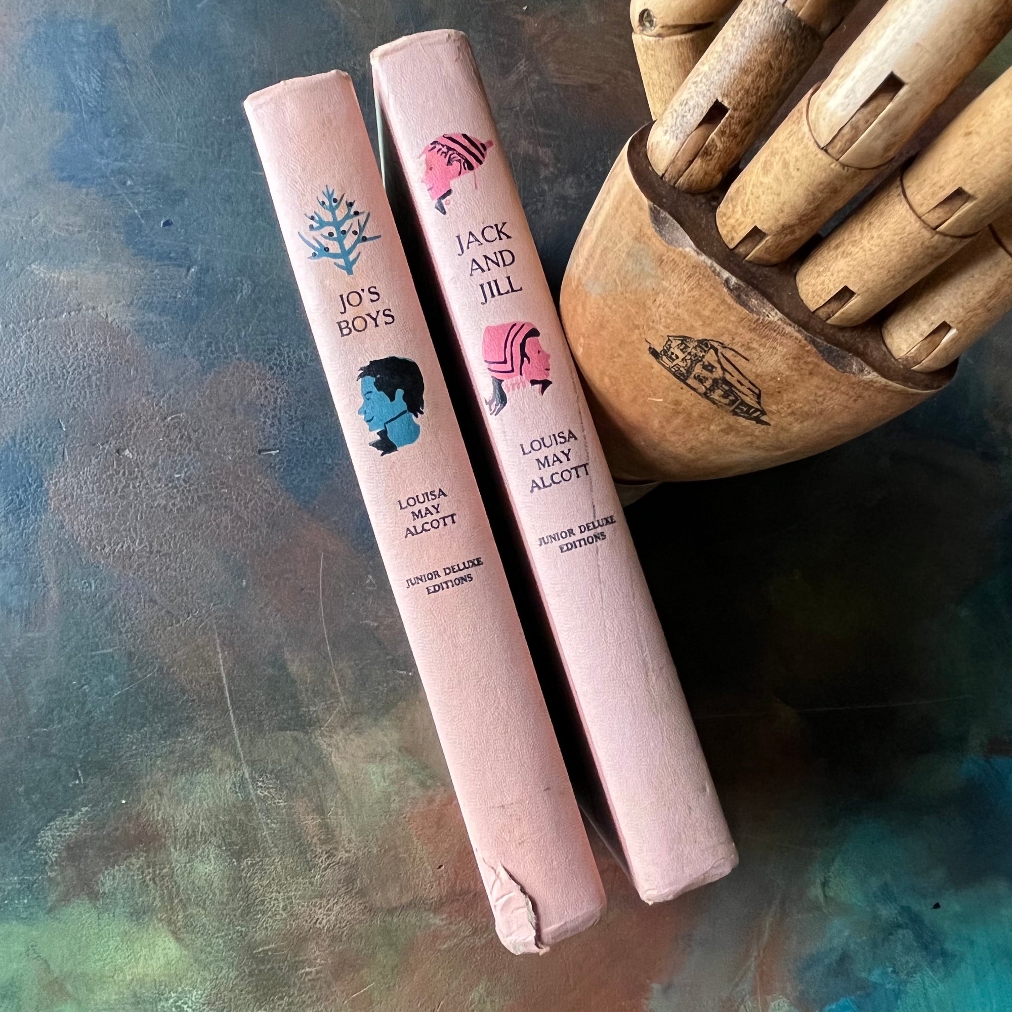 Pair of Junior Deluxe Editions written by Louisa May Alcott-Jack & Jill-Jo's Boys-vintage children's chapter books-view of the spines