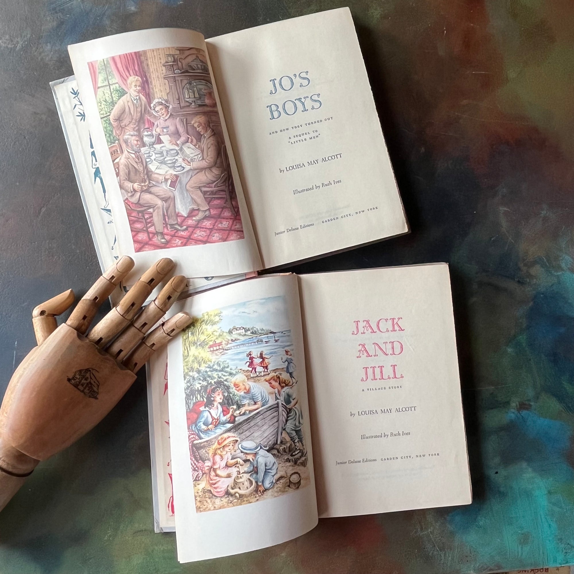 Pair of Junior Deluxe Editions written by Louisa May Alcott-Jack & Jill-Jo's Boys-vintage children's chapter books-view of the title pages & frontispieces