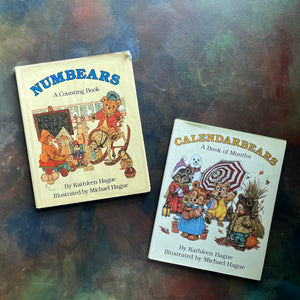 Pair of vintage picture books written by Kathleen Hague and illustrated by Michael Hague-Numbears-Calendarbears-view of the dust jacket's covers with images from each book depicted on each covers 