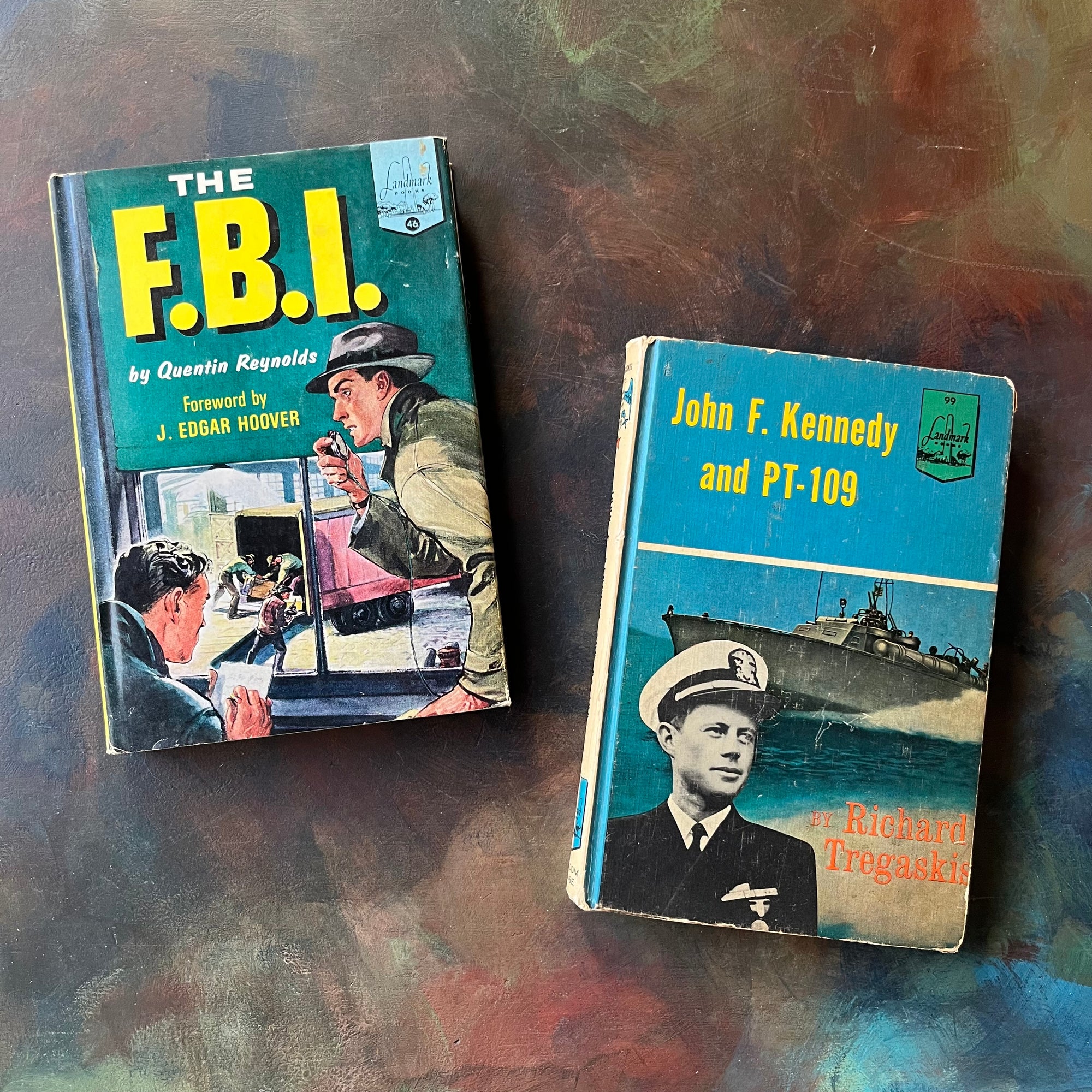 Pair of Landmark Series Books-The Story of The F.B.I.-John F. Kennedy and PT-109-vintage history books for children for sale-view of the front covers including the dust jacket of The Story of the F.B.I.
