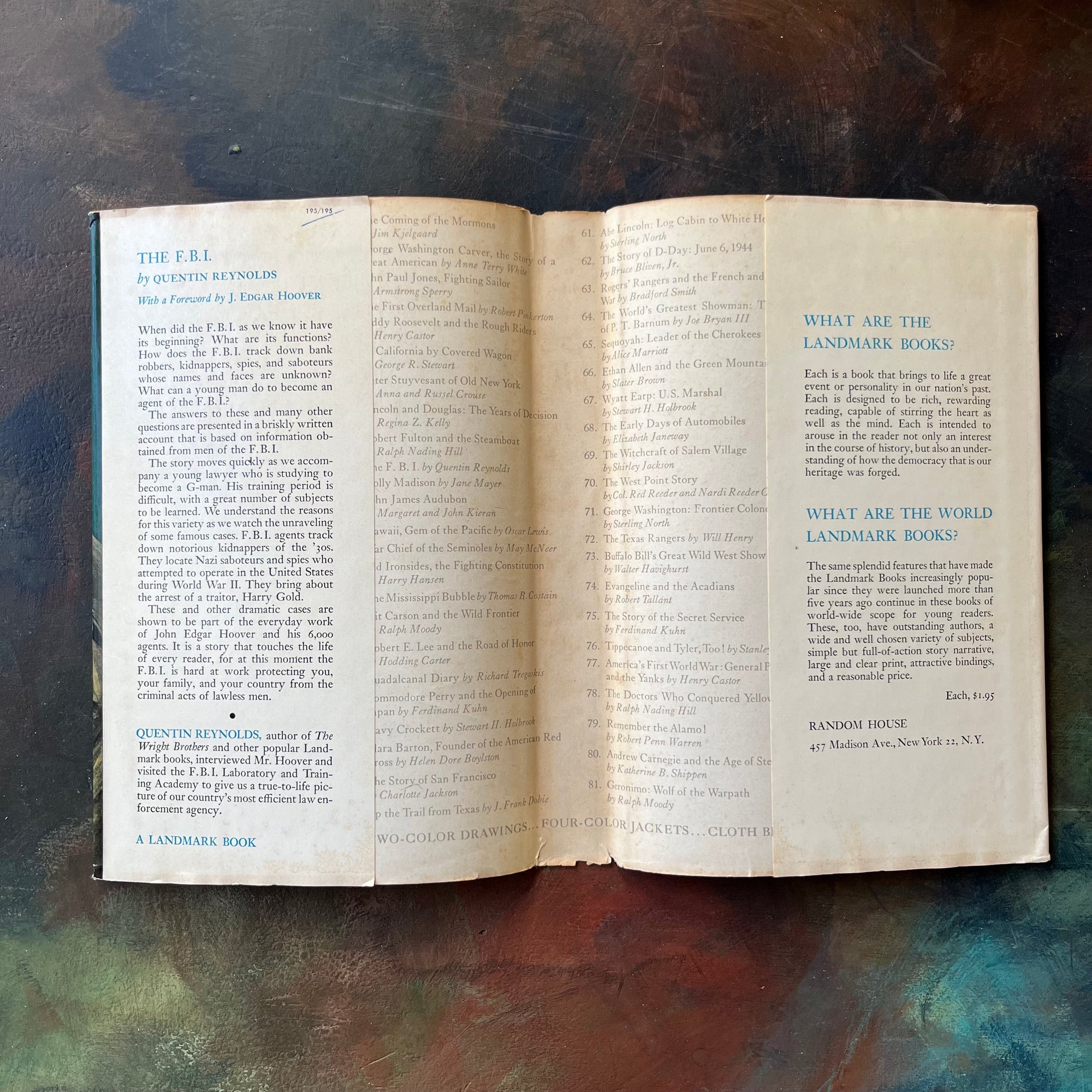 Pair of Landmark Series Books-The Story of The F.B.I.-John F. Kennedy and PT-109-vintage history books for children for sale-view of the dust jacket's inside flaps