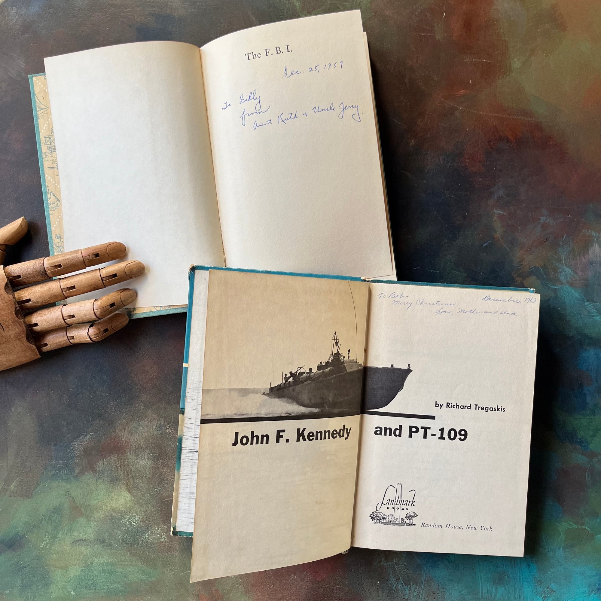 Pair of Landmark Series Books-The Story of The F.B.I.-John F. Kennedy and PT-109-vintage history books for children for sale-view of the inscriptions written inside each book