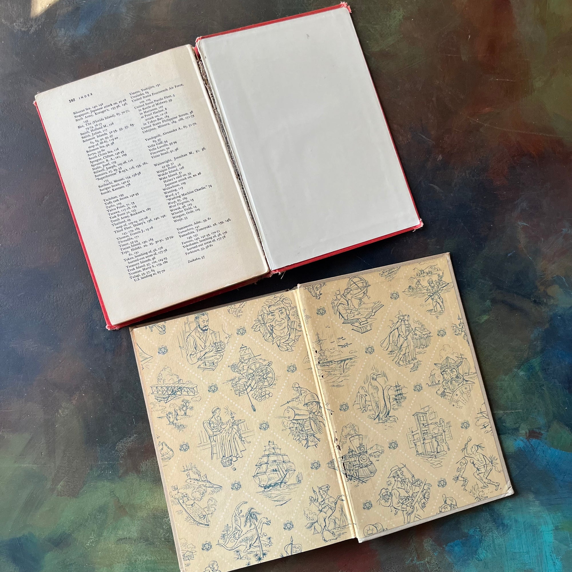 Pair of Landmark Series History Books-From Pearl Harbor to Okinawa-Thirty Seconds Over Tokyo-vintage children's books for sale-view of the back, inside covers
