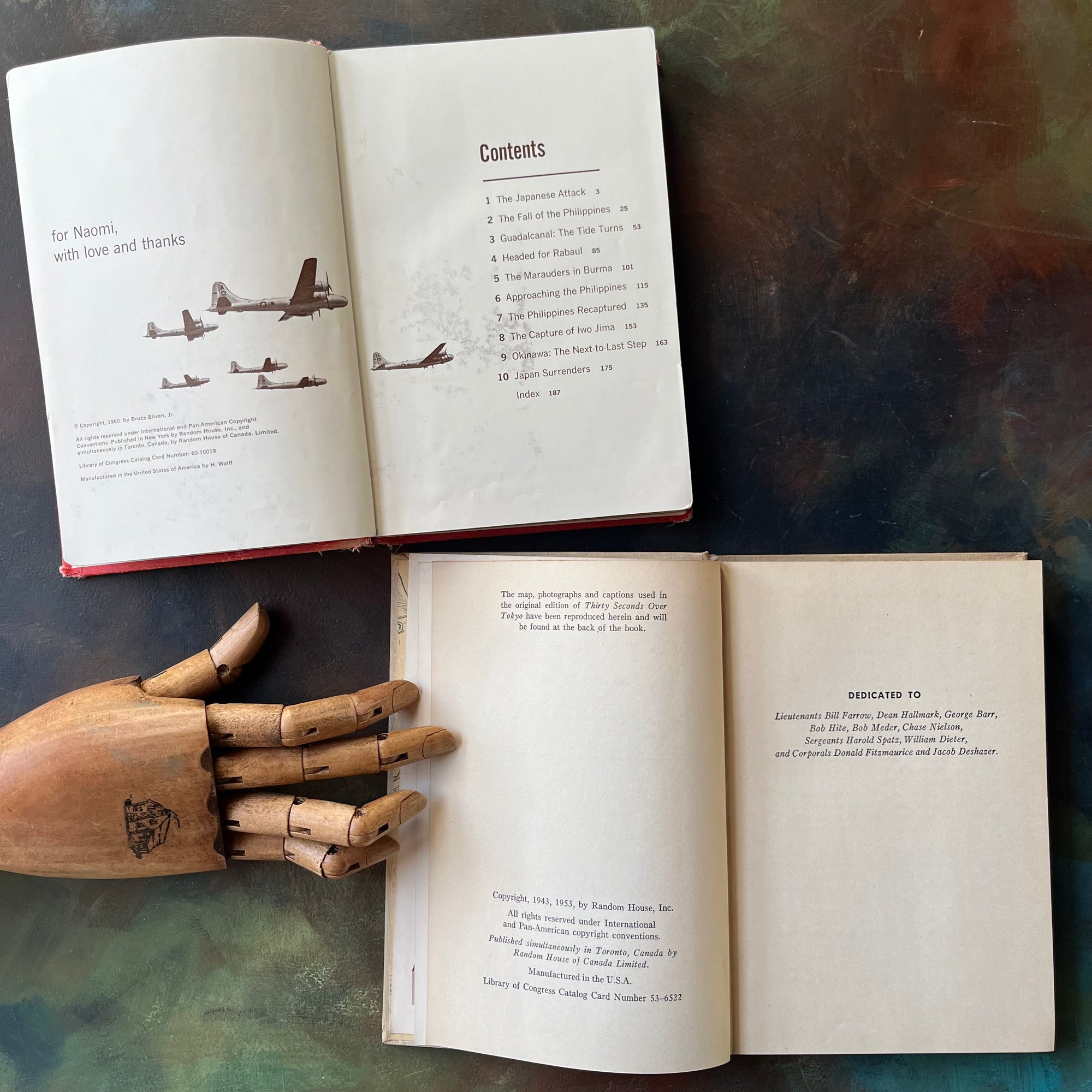 Pair of Landmark Series History Books-From Pearl Harbor to Okinawa-Thirty Seconds Over Tokyo-vintage children's books for sale-view of the copyright, contents & dedication pages