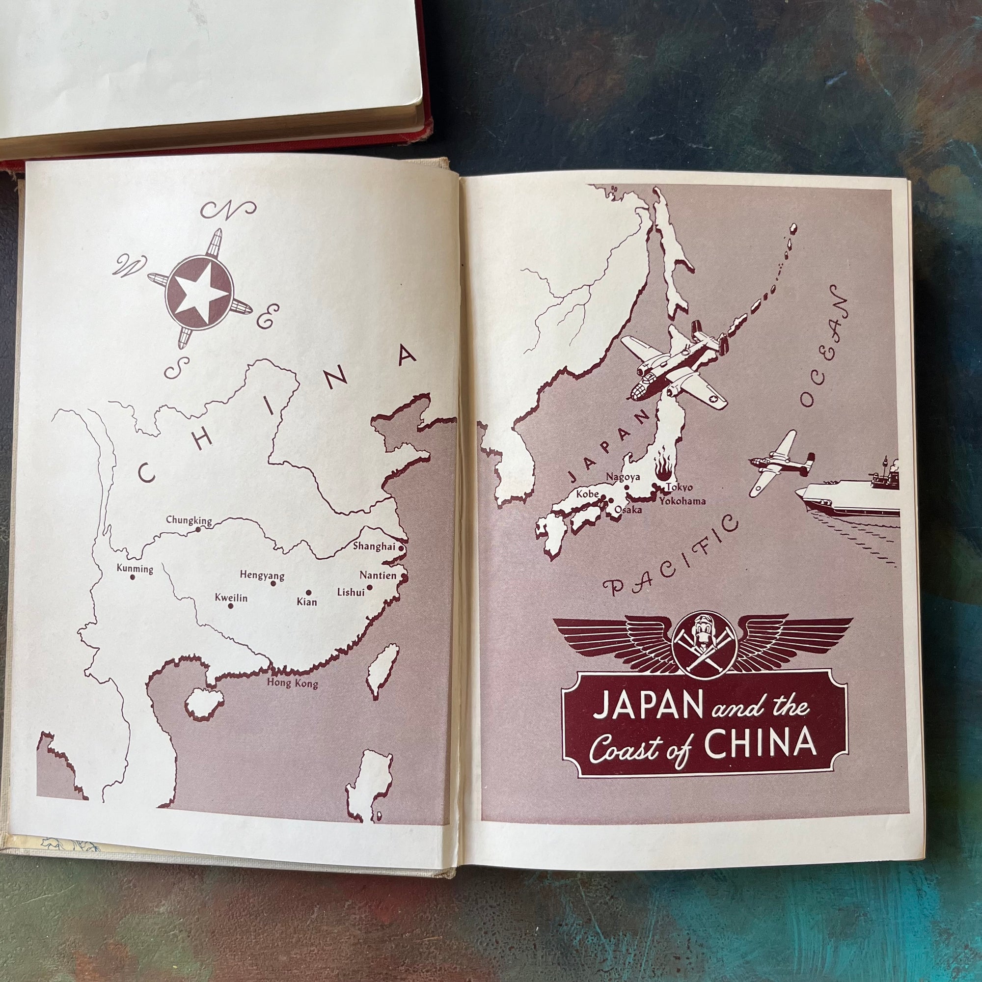 Pair of Landmark Series History Books-From Pearl Harbor to Okinawa-Thirty Seconds Over Tokyo-vintage children's books for sale-view of a map of Japan & China
