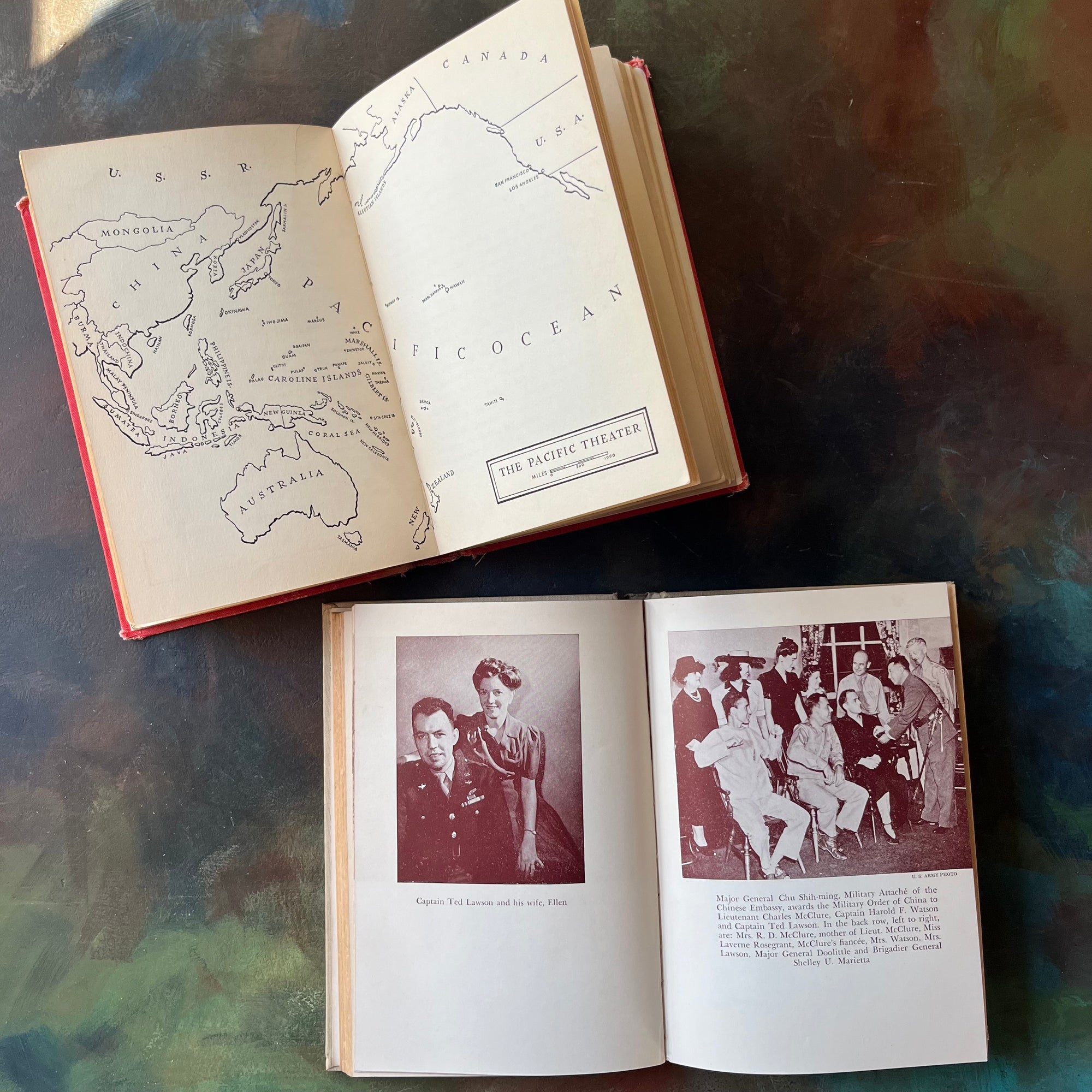 Pair of Landmark Series History Books-From Pearl Harbor to Okinawa-Thirty Seconds Over Tokyo-vintage children's books for sale-view of a map & photographs from both books