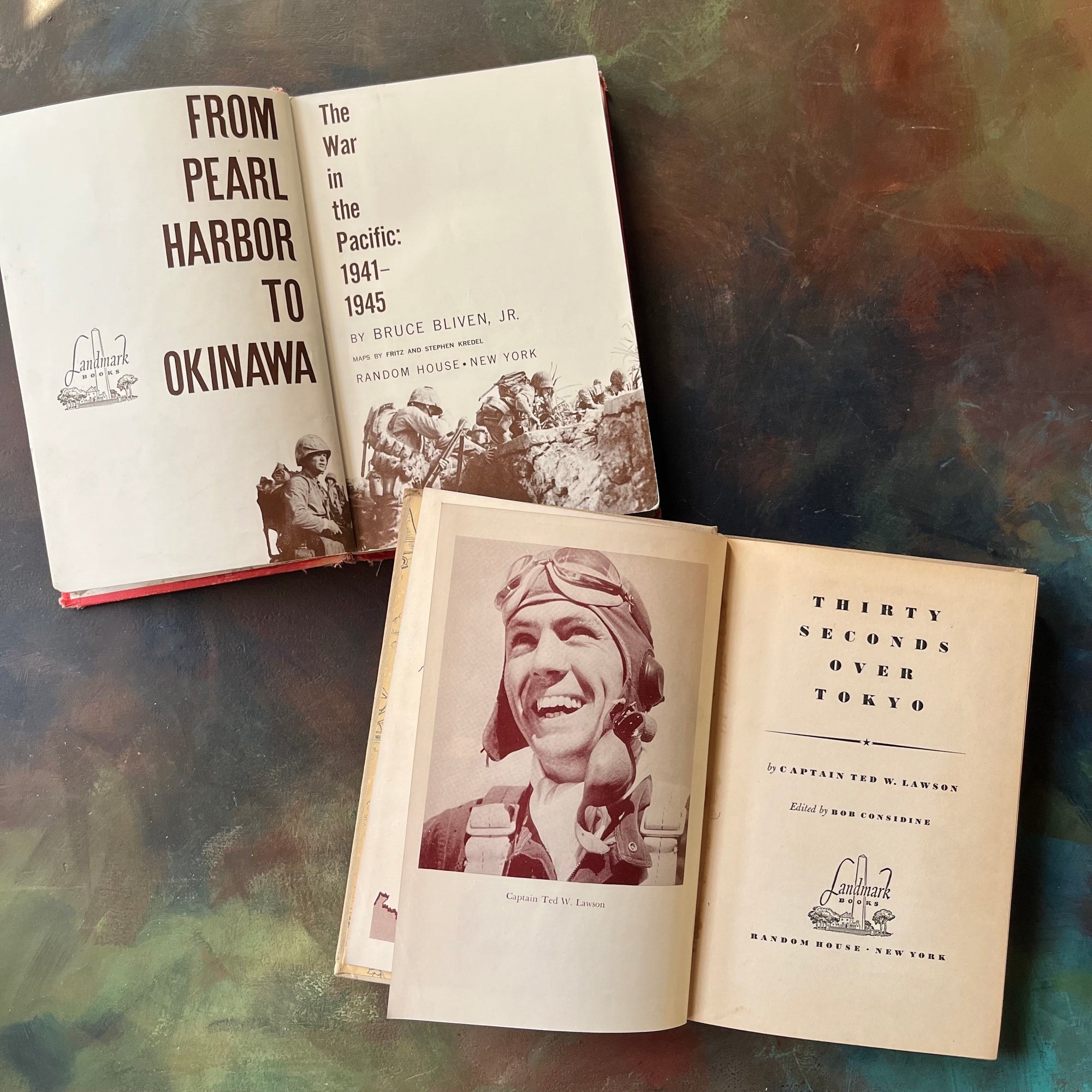 Pair of Landmark Series History Books-From Pearl Harbor to Okinawa-Thirty Seconds Over Tokyo-vintage children's books for sale-view of the title pages