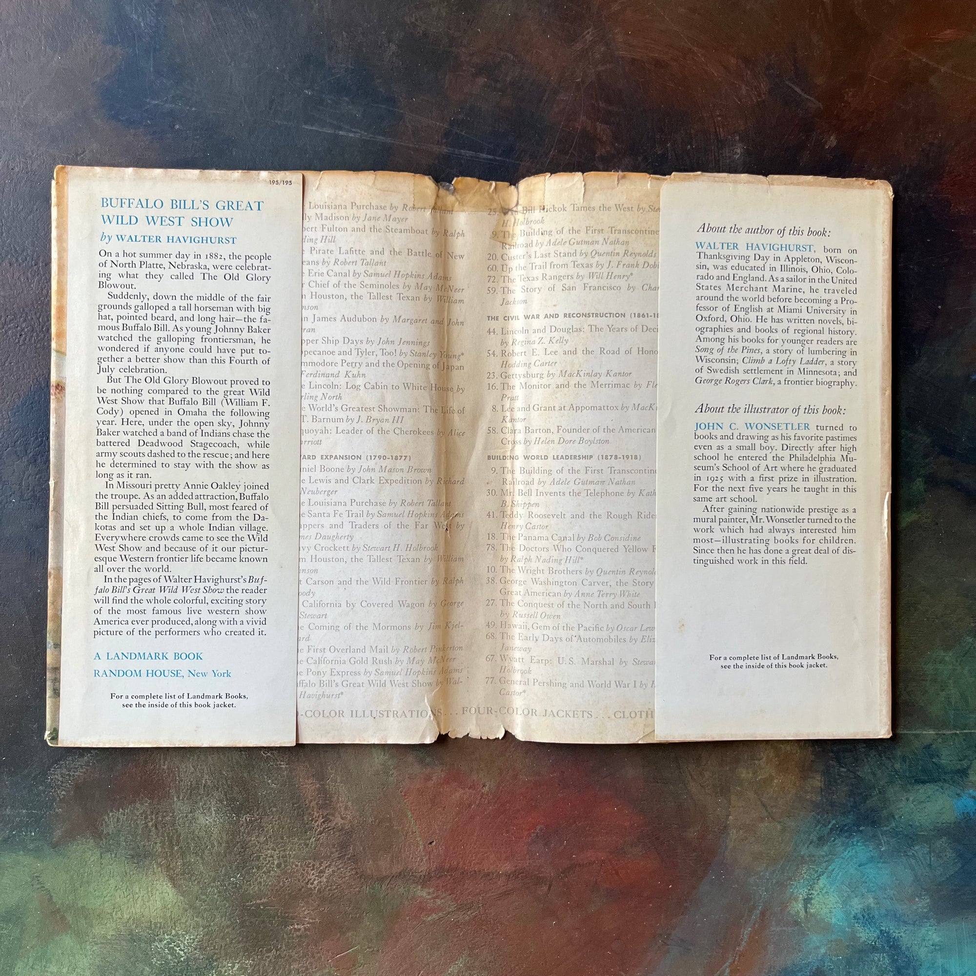 Pair of Landmark Series History Books for Children-Buffalo Bill's Great Wild West Show-Wild Bill Hickok Tames The West-vintage children's books-view of the dust jacket's inside flaps for the Buffalo Bill book