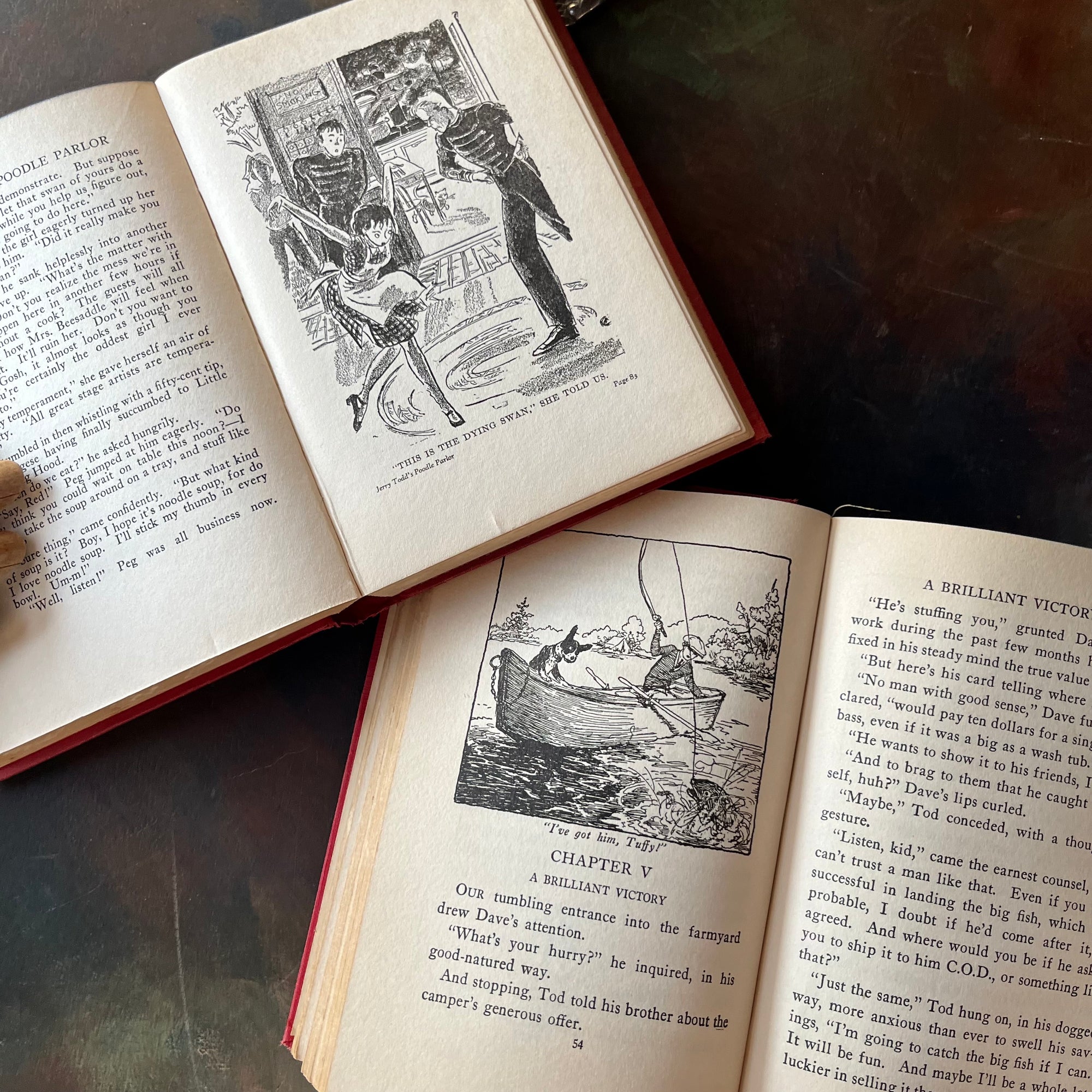 Pair of Leo Edwards Books-Tuffy Bean and the Lost Fortune-Jerry Todd's Poodle Parlor-vintage children's chapter books-view of the illustrations