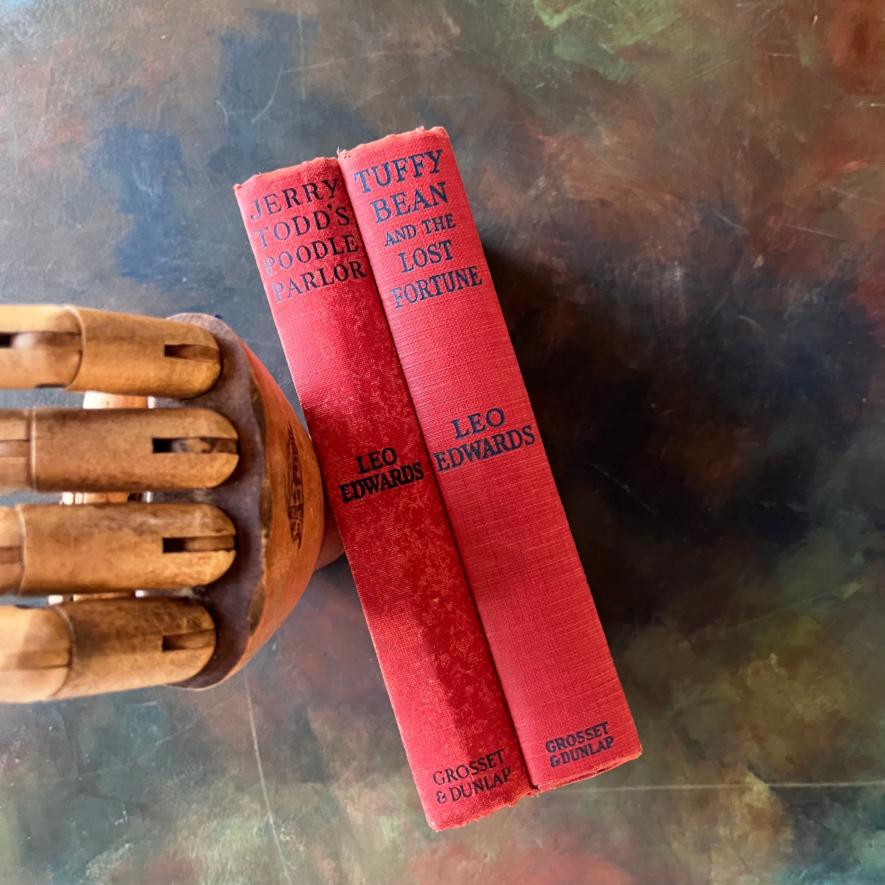 Pair of Leo Edwards Books-Tuffy Bean and the Lost Fortune-Jerry Todd's Poodle Parlor-vintage children's chapter books-view of the spines