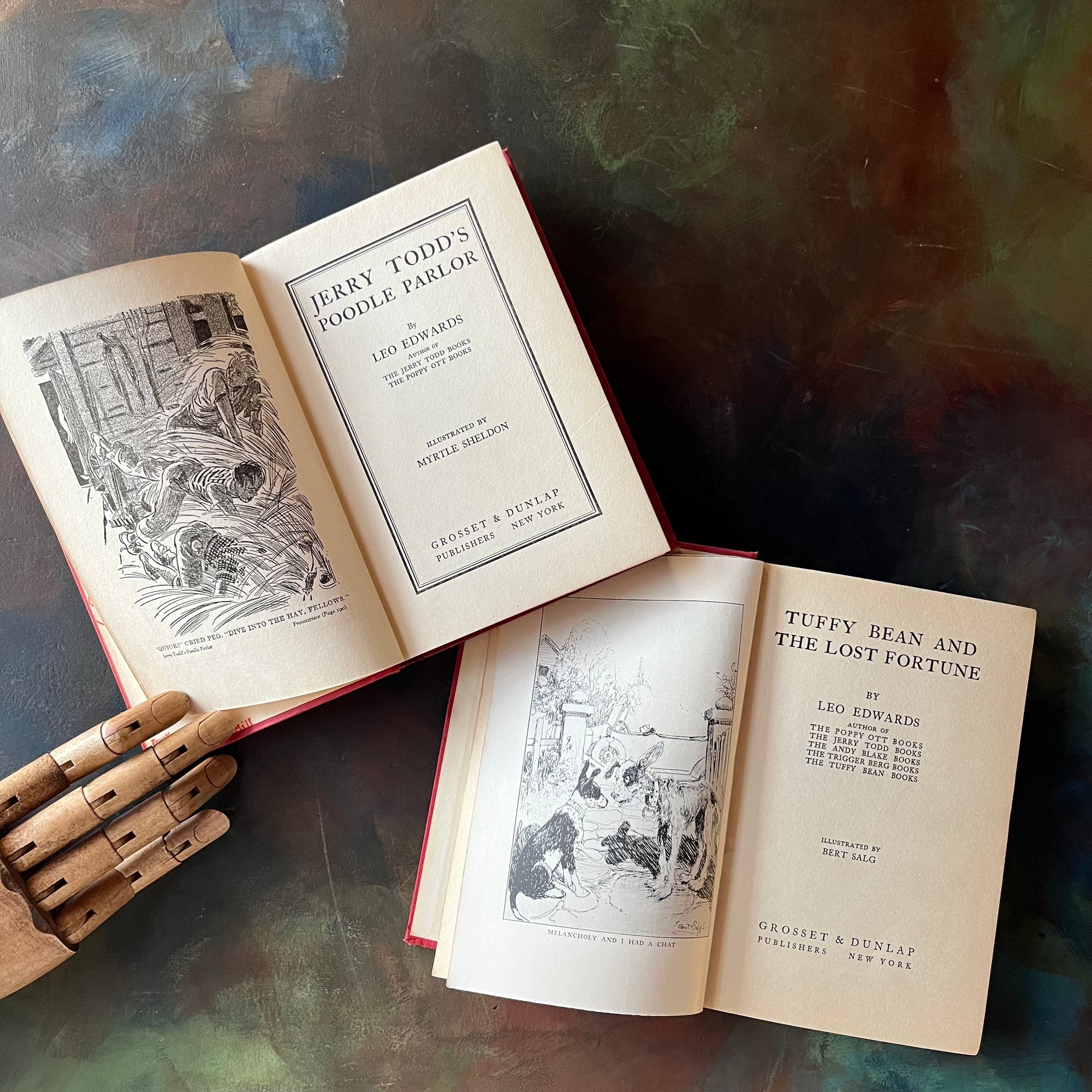 Pair of Leo Edwards Books-Tuffy Bean and the Lost Fortune-Jerry Todd's Poodle Parlor-vintage children's chapter books-view of the title pages with frontispieces