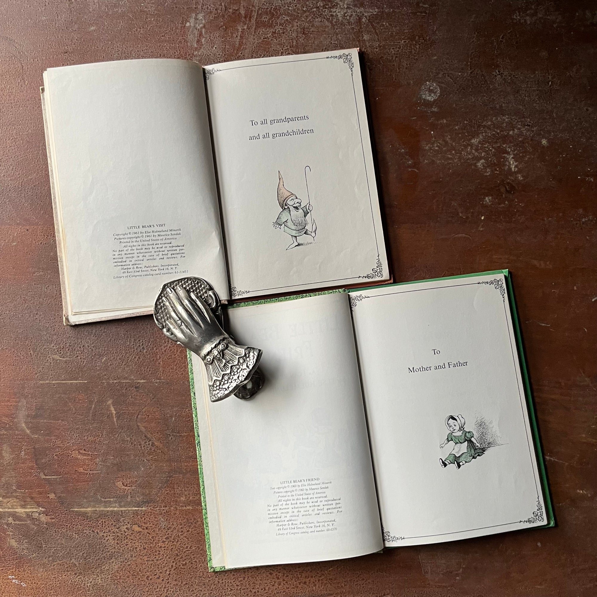 vintage children's picture books, An I Can Read Book - Pair of Little Bear Books written by Else Holmelund Minarik with illustrations by Maurice Sendak - Little Bear's Visit and Little Bear's Friend - view of the copyright and dedication pages