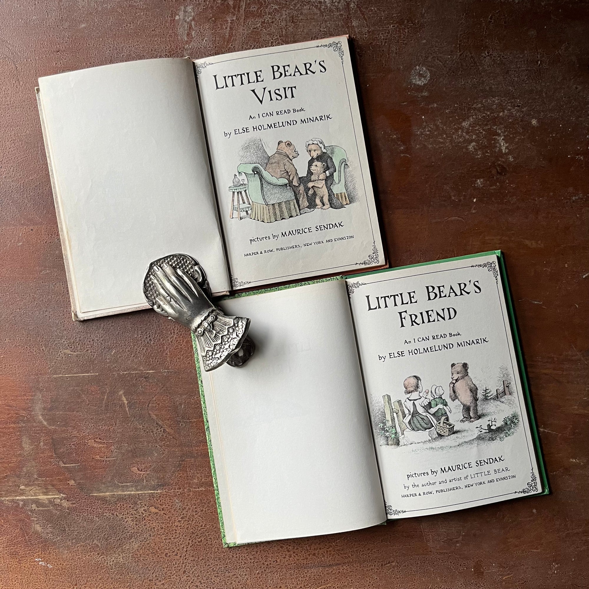 vintage children's picture books, An I Can Read Book - Pair of Little Bear Books written by Else Holmelund Minarik with illustrations by Maurice Sendak - Little Bear's Visit and Little Bear's Friend - view of the title pages