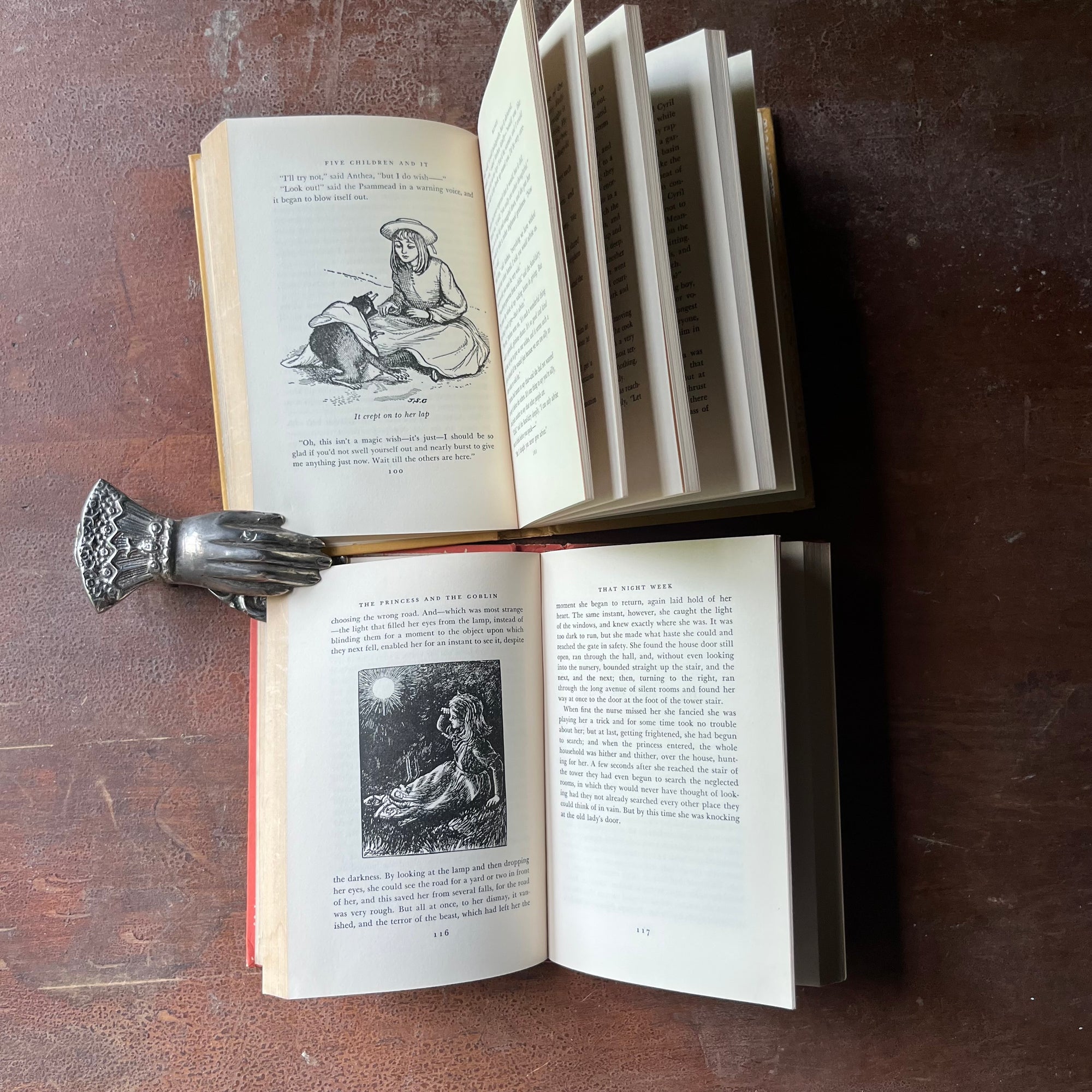 vintage children's chapter books - Pair of Looking Glass Library Books-The Princess and The Goblin written by George MacDonald and Five Children and It written by E. Nesbit - view of the illustrations found in the book