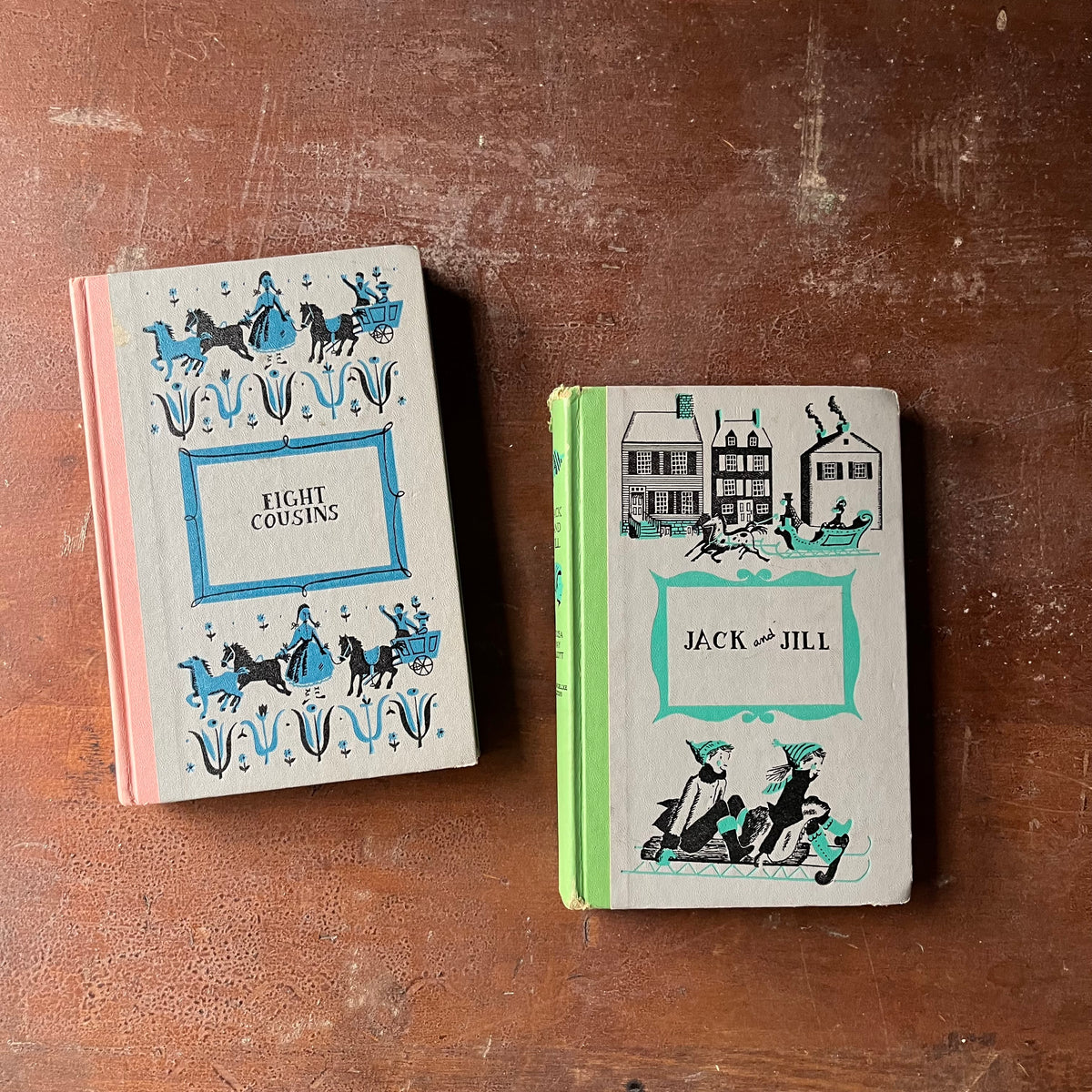 vintage children's chapter books - Pair of Louisa May Alcott Books-Junior Deluxe Editions-Eight Cousins and Jack & Jill written by Louisa May Alcott with illustrations by Ruth Ives - view of the embossed front covers