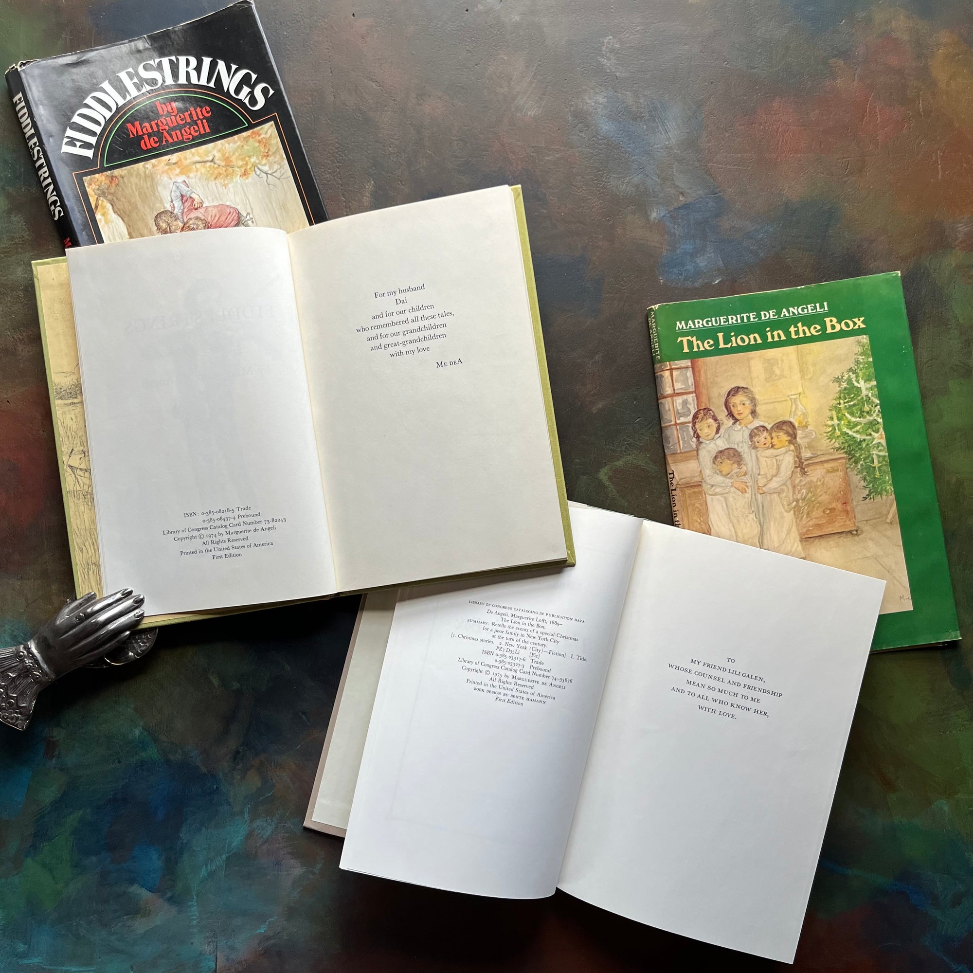 Pair of Marguerite de Angeli Books-The Lion in the Box and Fiddlestrings-first editions-vintage children's chapter books-view of the copyrights & Dedication pages