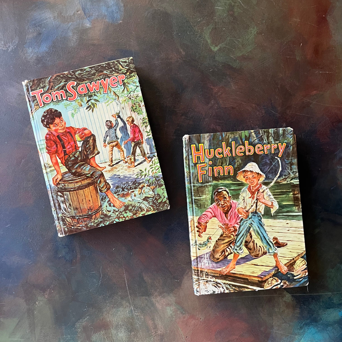 Pair of Mark Twain Books by Whitman Publishers-Huckleberry Finn & Tom Sawyer-vintage adventure books for kids-Samuel L. Clemens-Whitman Publishing-1955-view of the front covers