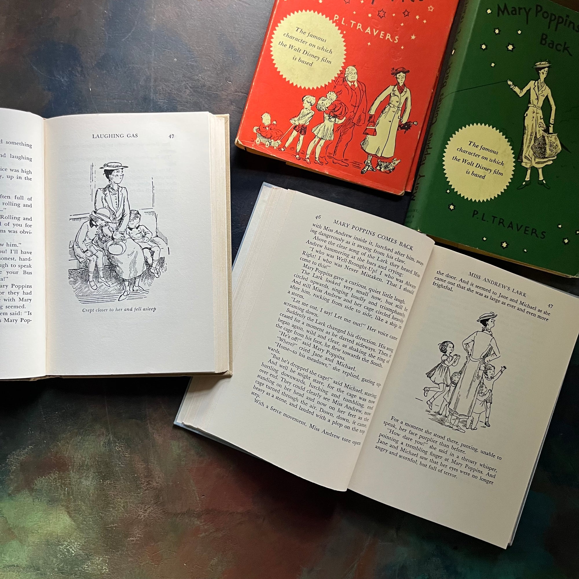 Pair of Mary Poppins Books Written by P. L. Travers with illustrations by Mary Shepard-Mary Poppins-Mary Poppins Comes Back-vintage children's chapter books-view of the illustrations