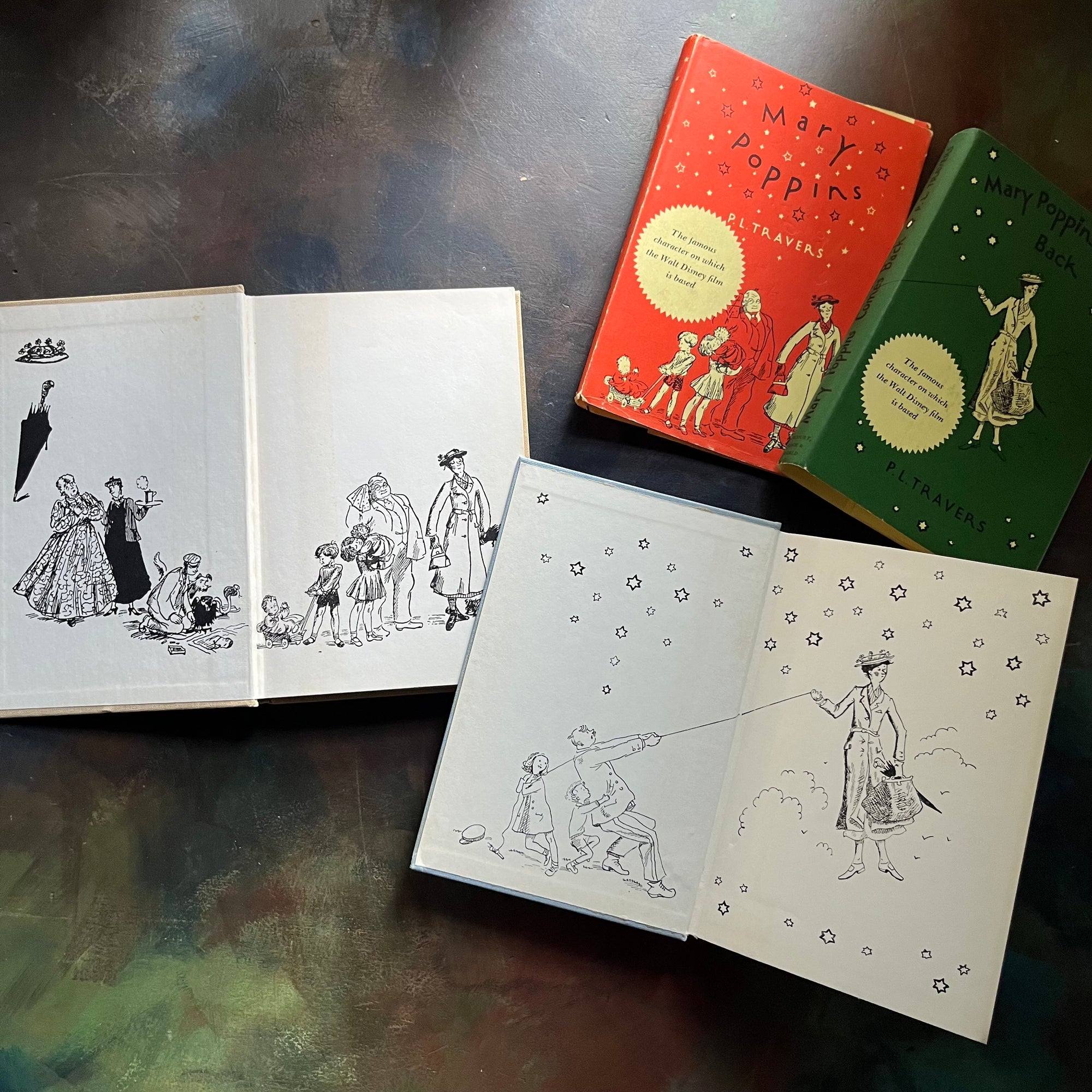 Pair of Mary Poppins Books Written by P. L. Travers with illustrations by Mary Shepard-Mary Poppins-Mary Poppins Comes Back-vintage children's chapter books-view of the inside covers