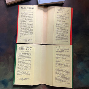Pair of Mary Poppins Books Written by P. L. Travers with illustrations by Mary Shepard-Mary Poppins-Mary Poppins Comes Back-vintage children's chapter books-view of the dust jacket's inside flaps - please note the Mary Poppins Comes Back inside front flap has been clipped to hide a price