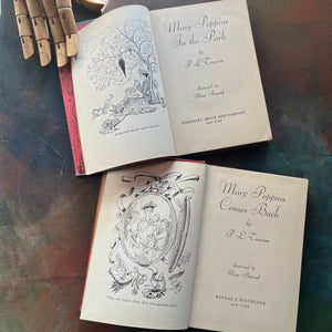 Pair of Mary Poppins Books Written by P. L. Travers with illustrations by Mary Shepard-Mary Poppins in the Park and Mary Poppins Comes Back-vintage children's classics-view of the title pages with frontispieces