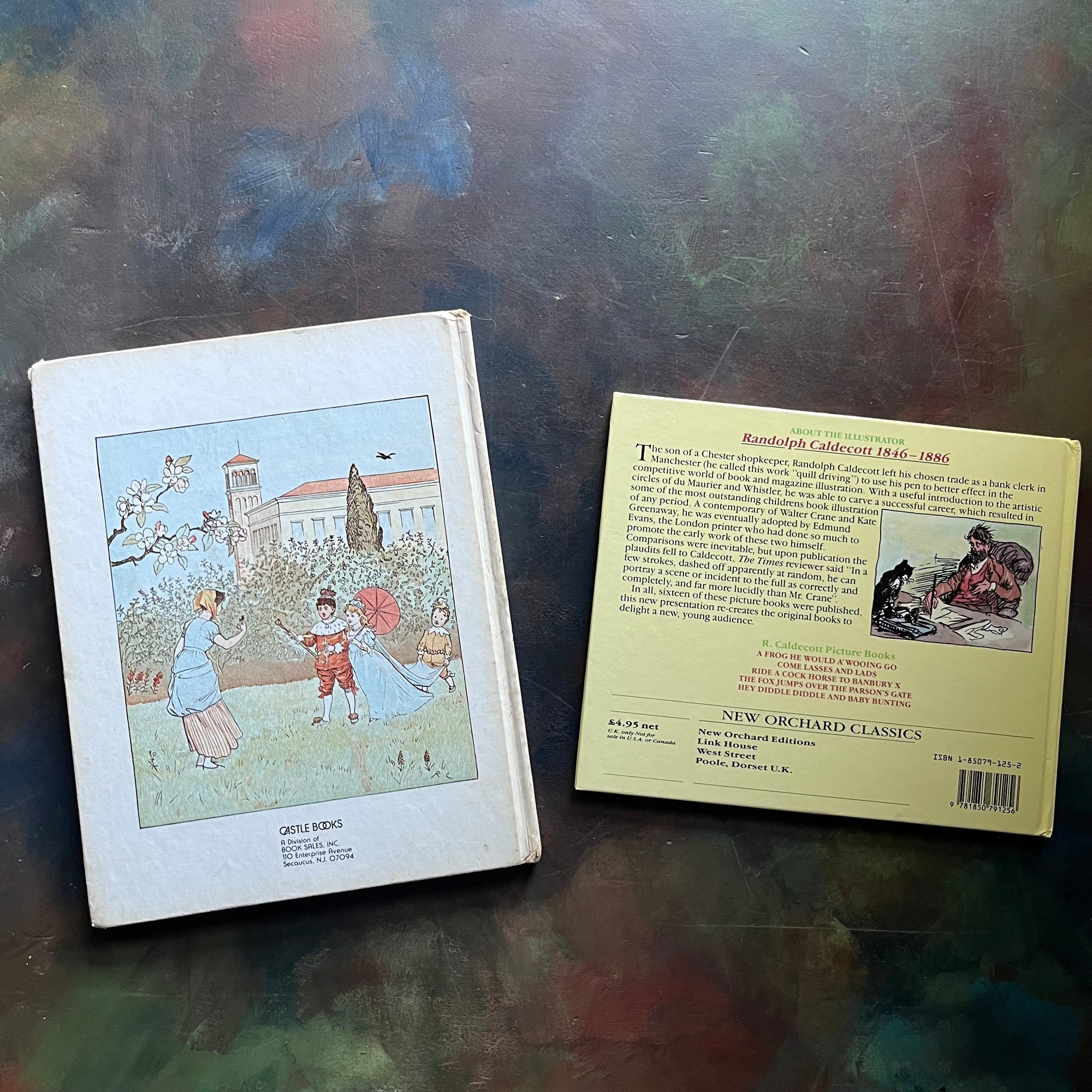 Pair of Randolph Caldecott Books-Favorite Nursery Rhymes-Ride A Cock Horse to Banbury Cross and A Farmer Went Trotting Upon His Grey Mare-vintage children's books-view of the back covers