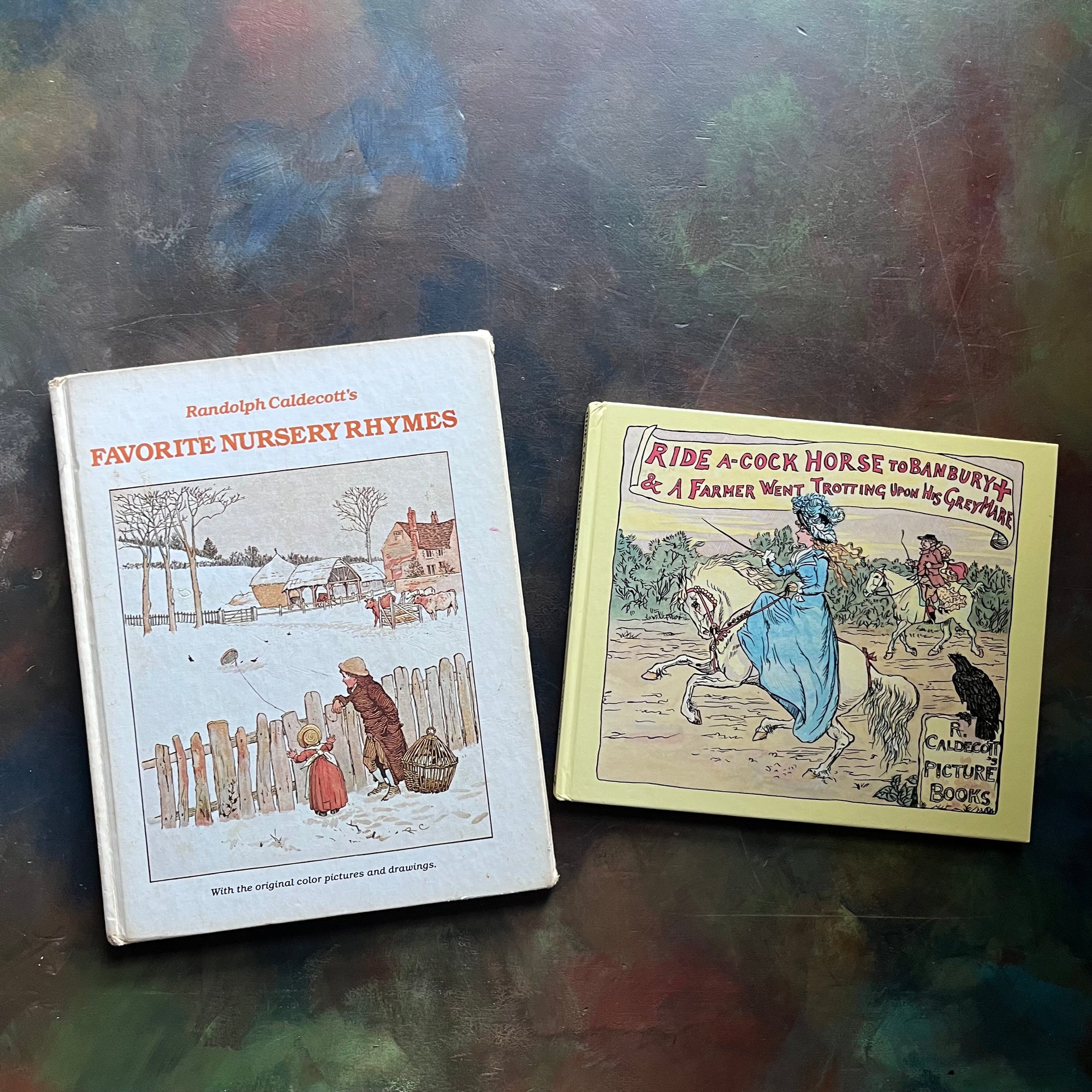 Pair of Randolph Caldecott Books-Favorite Nursery Rhymes-Ride A Cock Horse to Banbury Cross and A Farmer Went Trotting Upon His Grey Mare-vintage children's books-view of the front covers