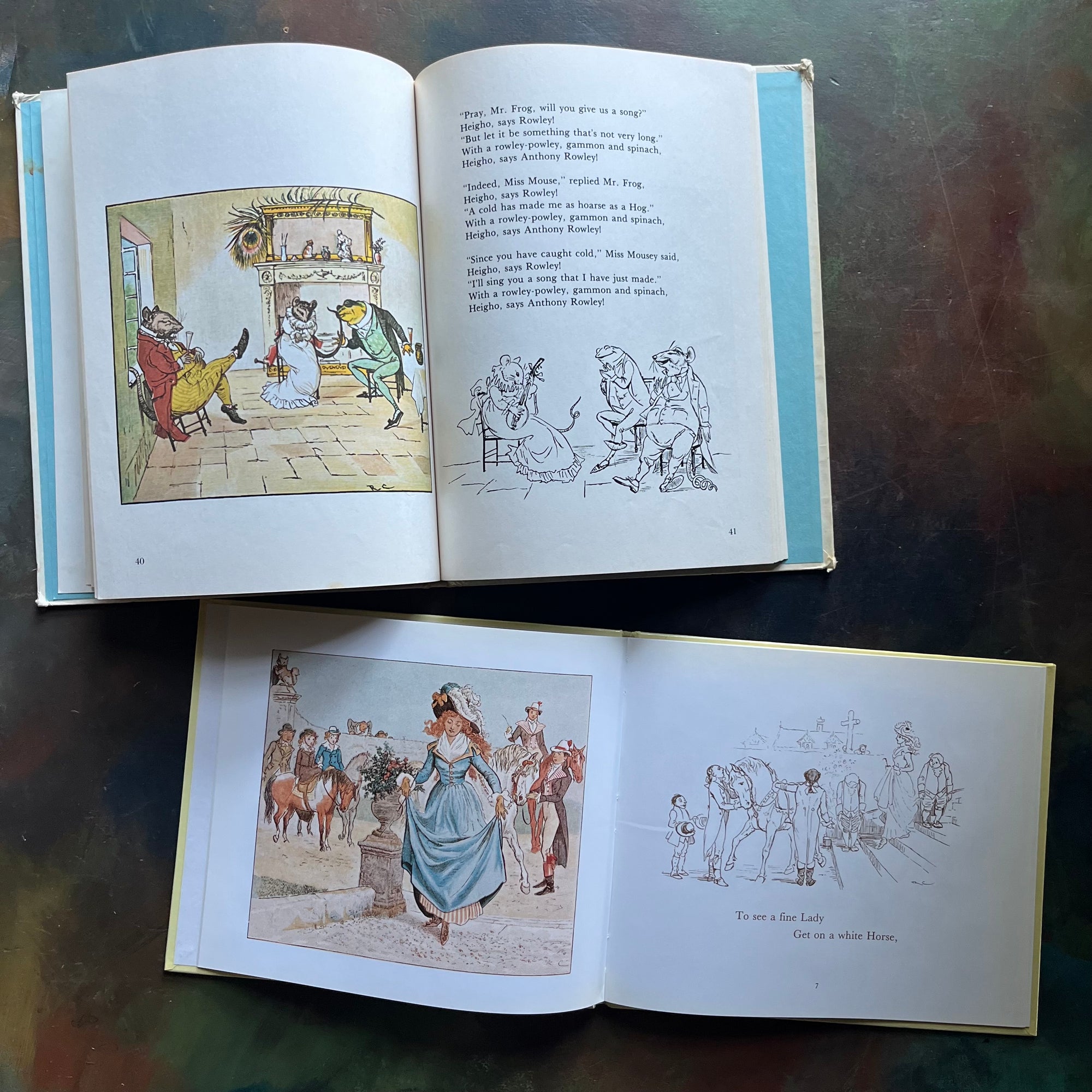 Pair of Randolph Caldecott Books-Favorite Nursery Rhymes-Ride A Cock Horse to Banbury Cross and A Farmer Went Trotting Upon His Grey Mare-vintage children's books-view of the illustrations