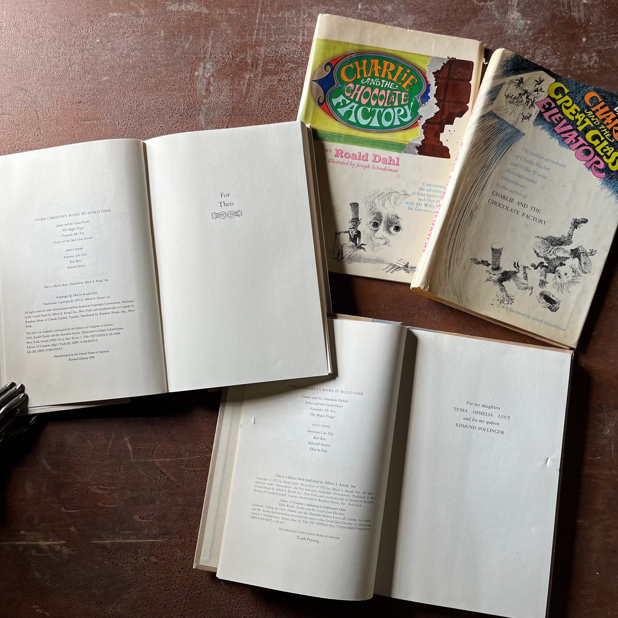 vintage children's chapter books - Pair of Roald Dahl Books-Charlie & The Chocolate Factory and Charlie & The Great Glass Elevator with illustrations by Joseph Schindelman - view of the copyright pages