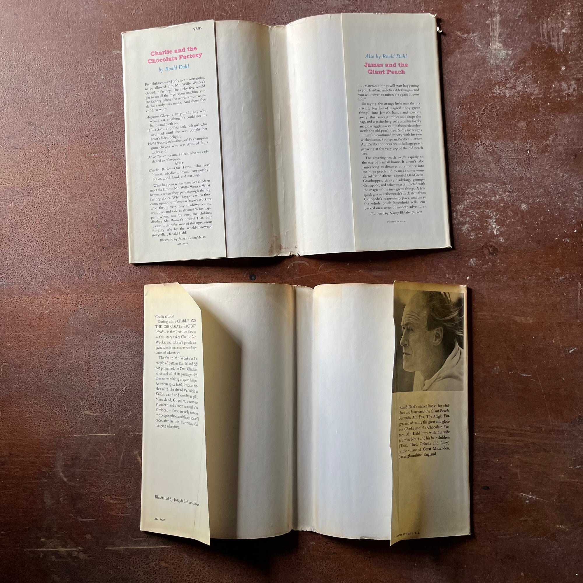 vintage children's chapter books - Pair of Roald Dahl Books-Charlie & The Chocolate Factory and Charlie & The Great Glass Elevator with illustrations by Joseph Schindelman - view of the inside flaps of the dust jackets
