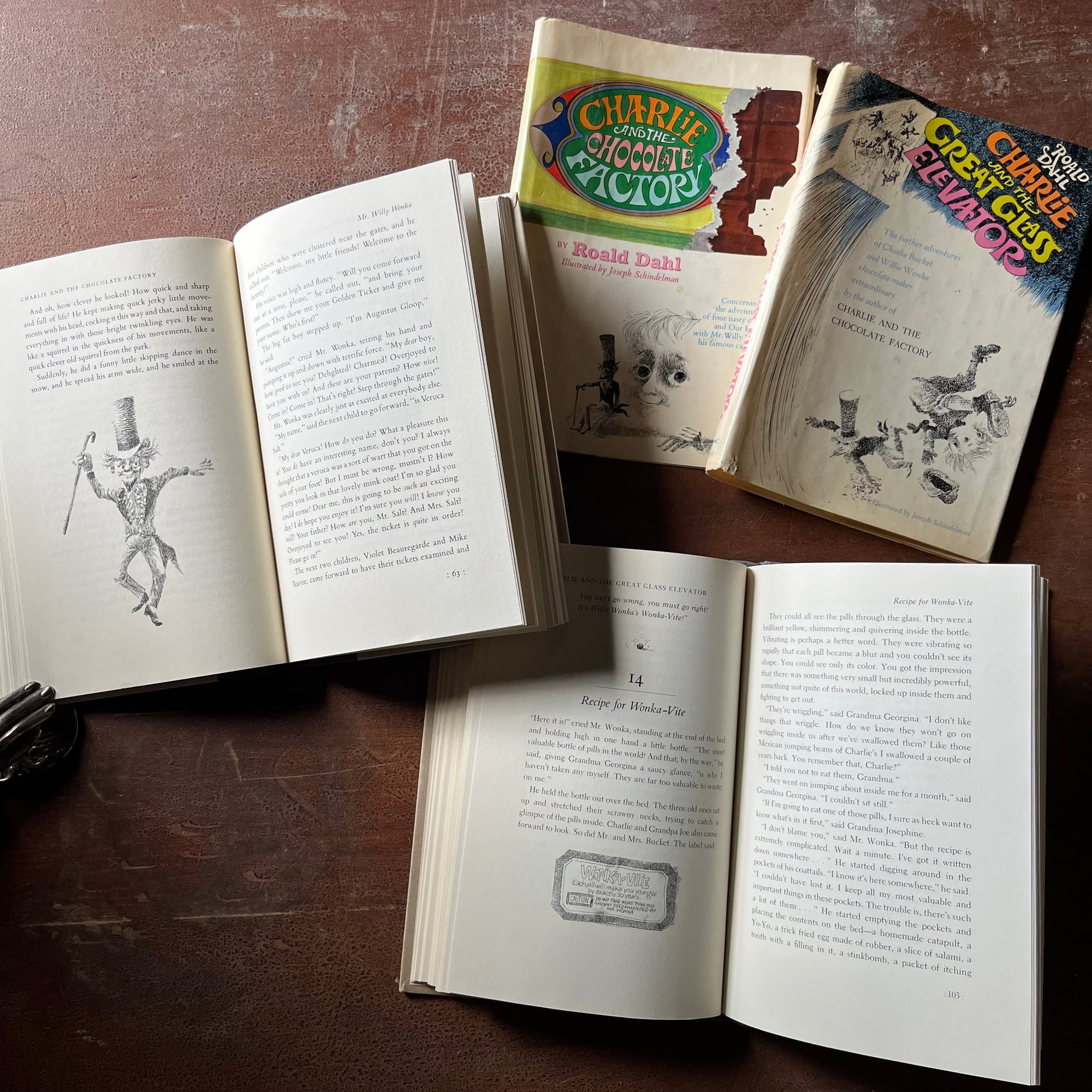vintage children's chapter books - Pair of Roald Dahl Books-Charlie & The Chocolate Factory and Charlie & The Great Glass Elevator with illustrations by Joseph Schindelman - view of more illustrations from each book