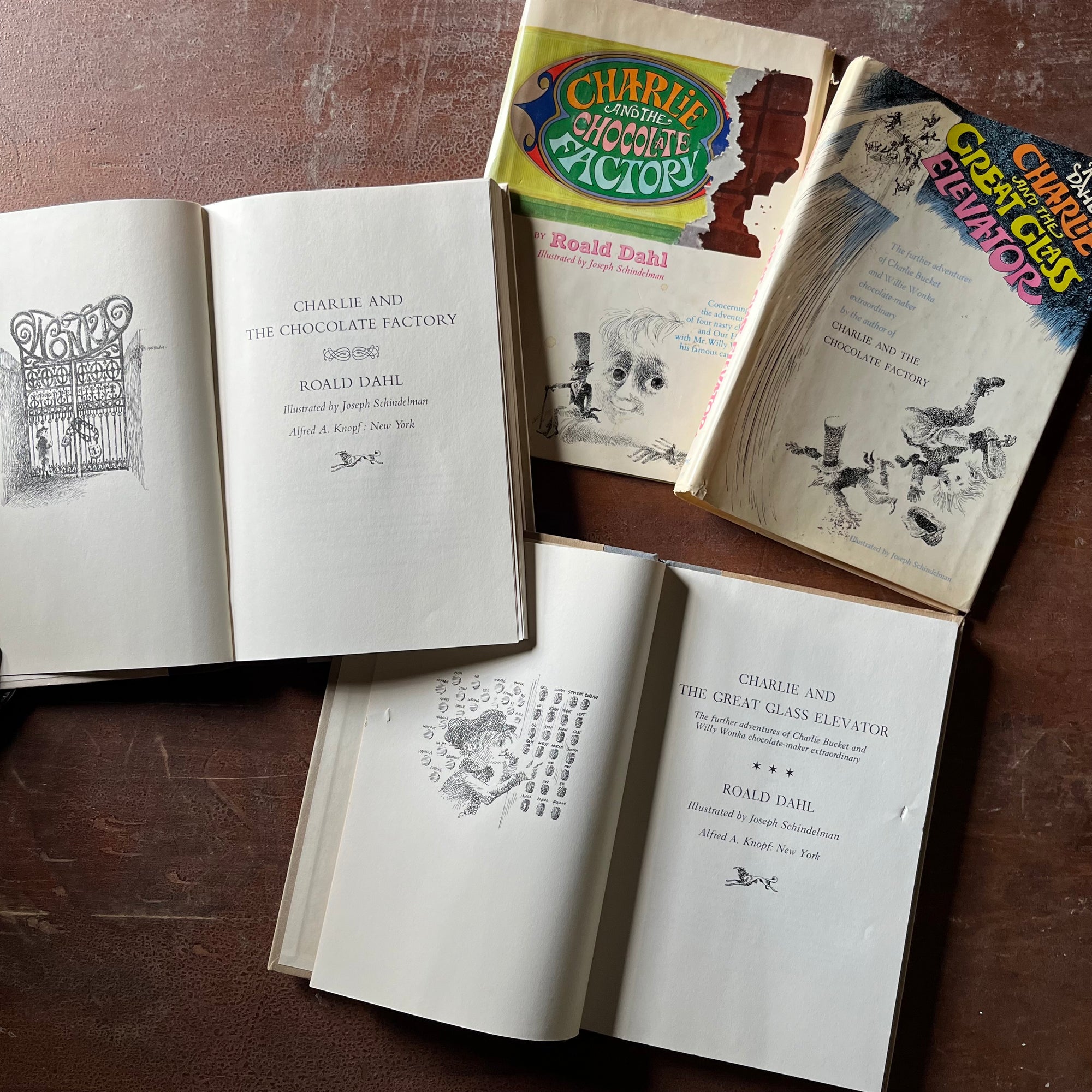 vintage children's chapter books - Pair of Roald Dahl Books-Charlie & The Chocolate Factory and Charlie & The Great Glass Elevator with illustrations by Joseph Schindelman - view of the title pages