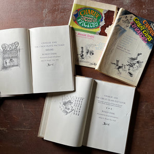 vintage children's chapter books - Pair of Roald Dahl Books-Charlie & The Chocolate Factory and Charlie & The Great Glass Elevator with illustrations by Joseph Schindelman - view of the title pages