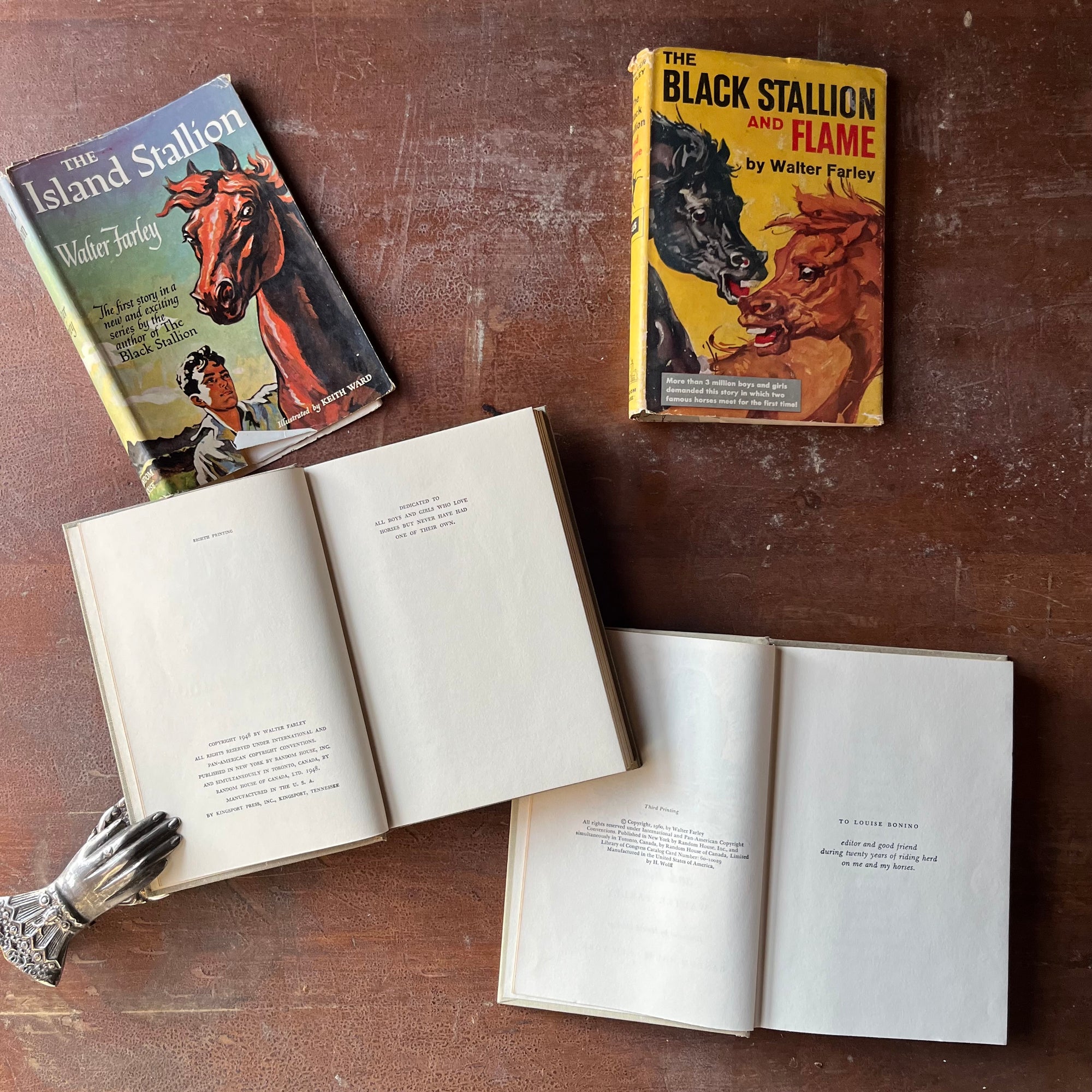 Pair of The Black Stallion Books-The Island Stallion and The Black Stallion & Flame-written by Walter Farley-vintage children's chapter books-view of the copyright & dedication pages