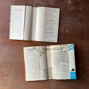 Pair of The Black Stallion Books-The Island Stallion and The Black Stallion & Flame-written by Walter Farley-vintage children's chapter books-view of the dust jacket's inside flaps