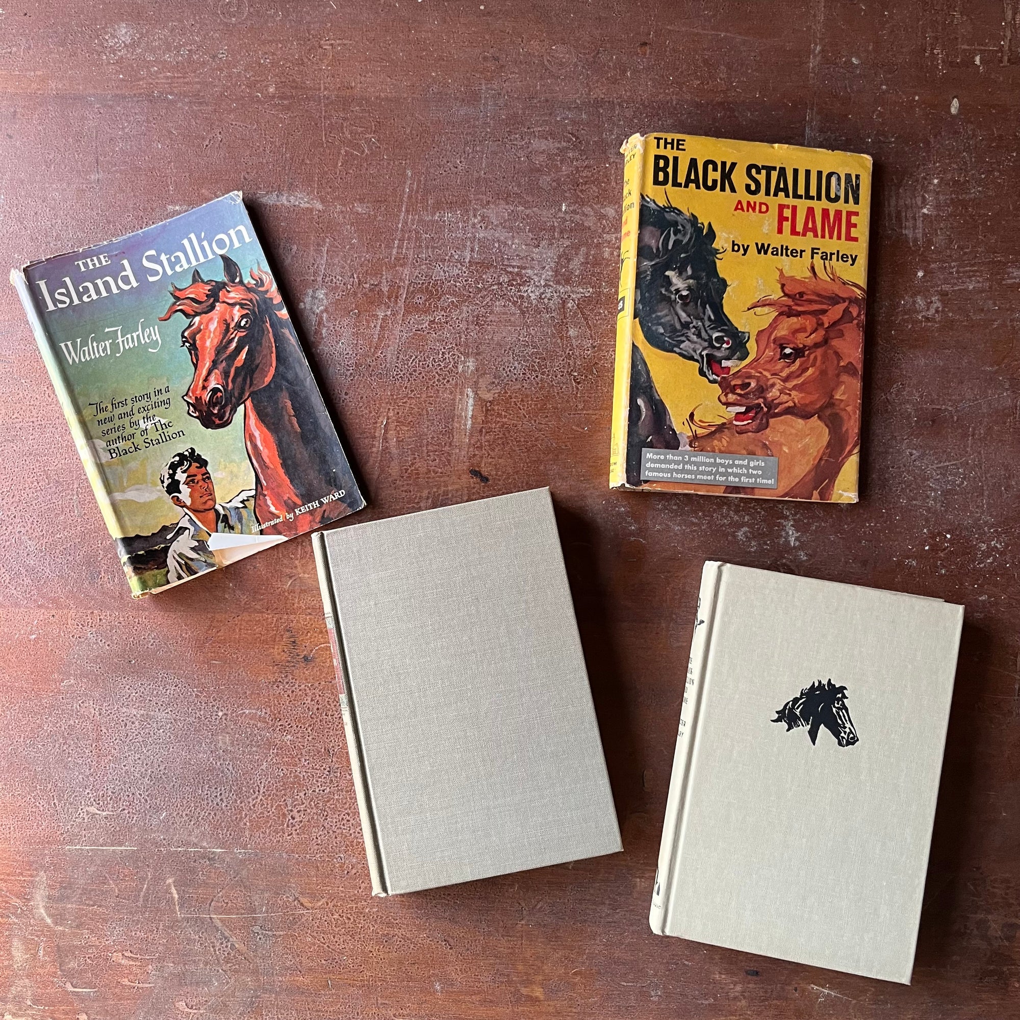 Pair of The Black Stallion Books-The Island Stallion and The Black Stallion & Flame-written by Walter Farley-vintage children's chapter books-view of the front covers the Black Stallion & Flame has The Black Stallion embossed in black on the front cover