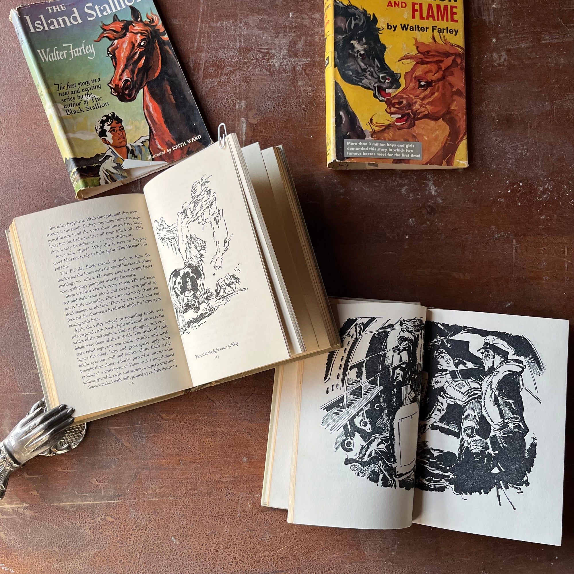 Pair of The Black Stallion Books-The Island Stallion and The Black Stallion & Flame-written by Walter Farley-vintage children's chapter books-view of a sample of the illustrations in each book
