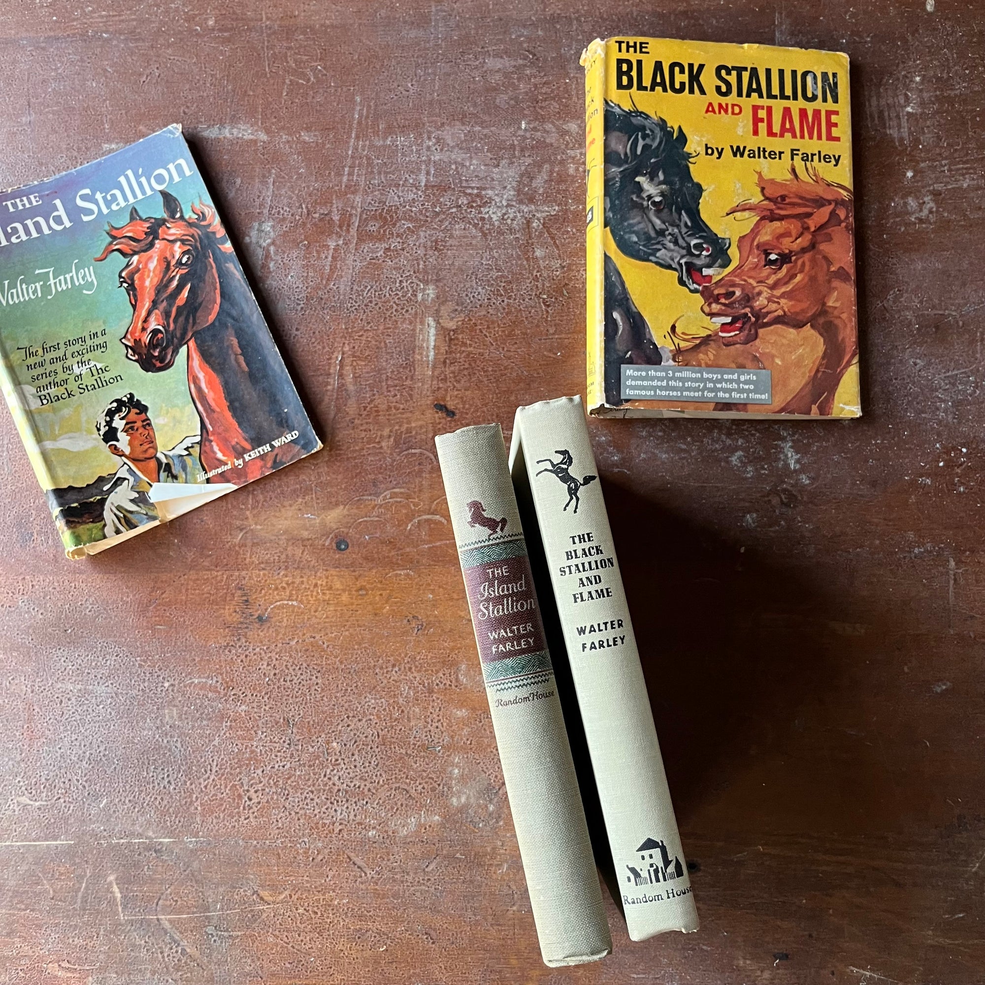 Pair of The Black Stallion Books-The Island Stallion and The Black Stallion & Flame-written by Walter Farley-vintage children's chapter books-view of the spines