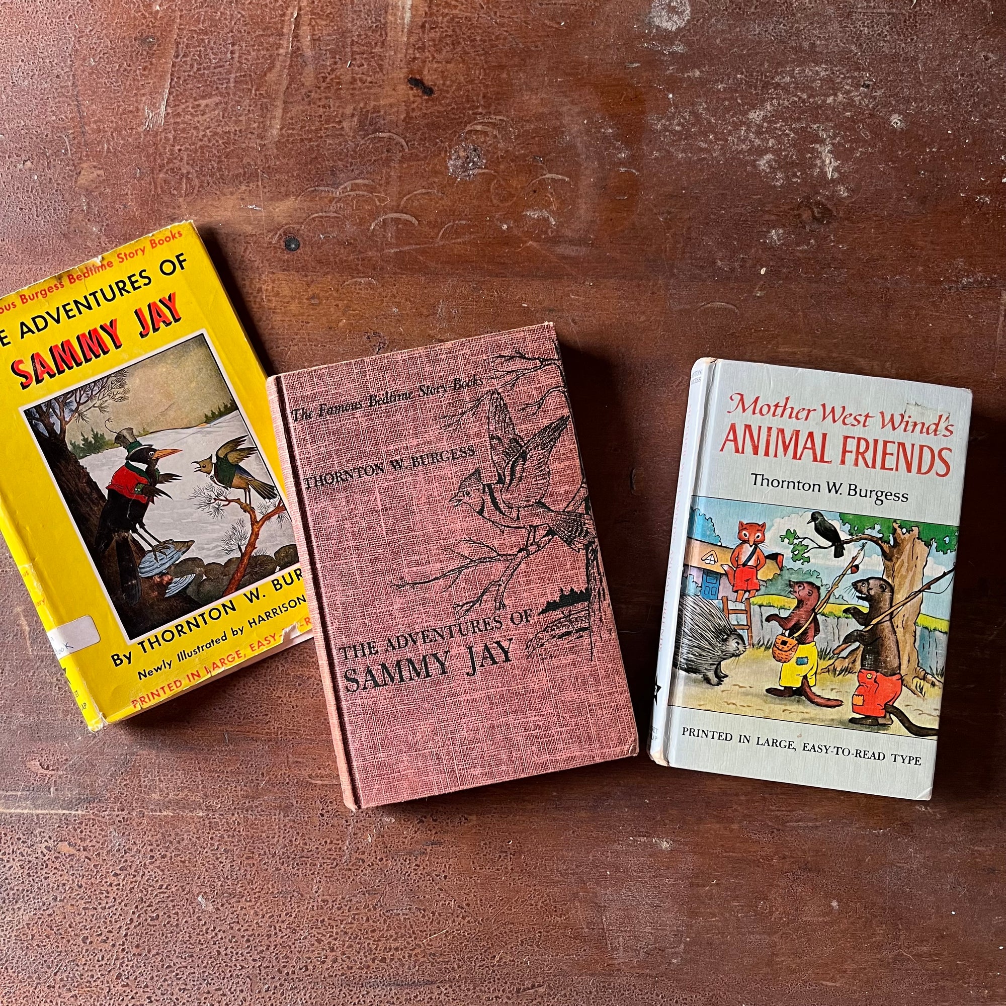 Pair of Thorton W. Burgess Books: The Adventures of Sammy Jay & Mother West Wind's Animal Friends - vintage children's storybooks - view of the front covers
