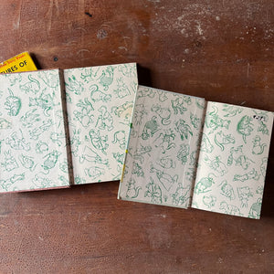 Pair of Thorton W. Burgess Books: The Adventures of Sammy Jay & Mother West Wind's Animal Friends - vintage children's storybooks - view of the inside covers with illustrations of Burgess's characters from different books - all in green