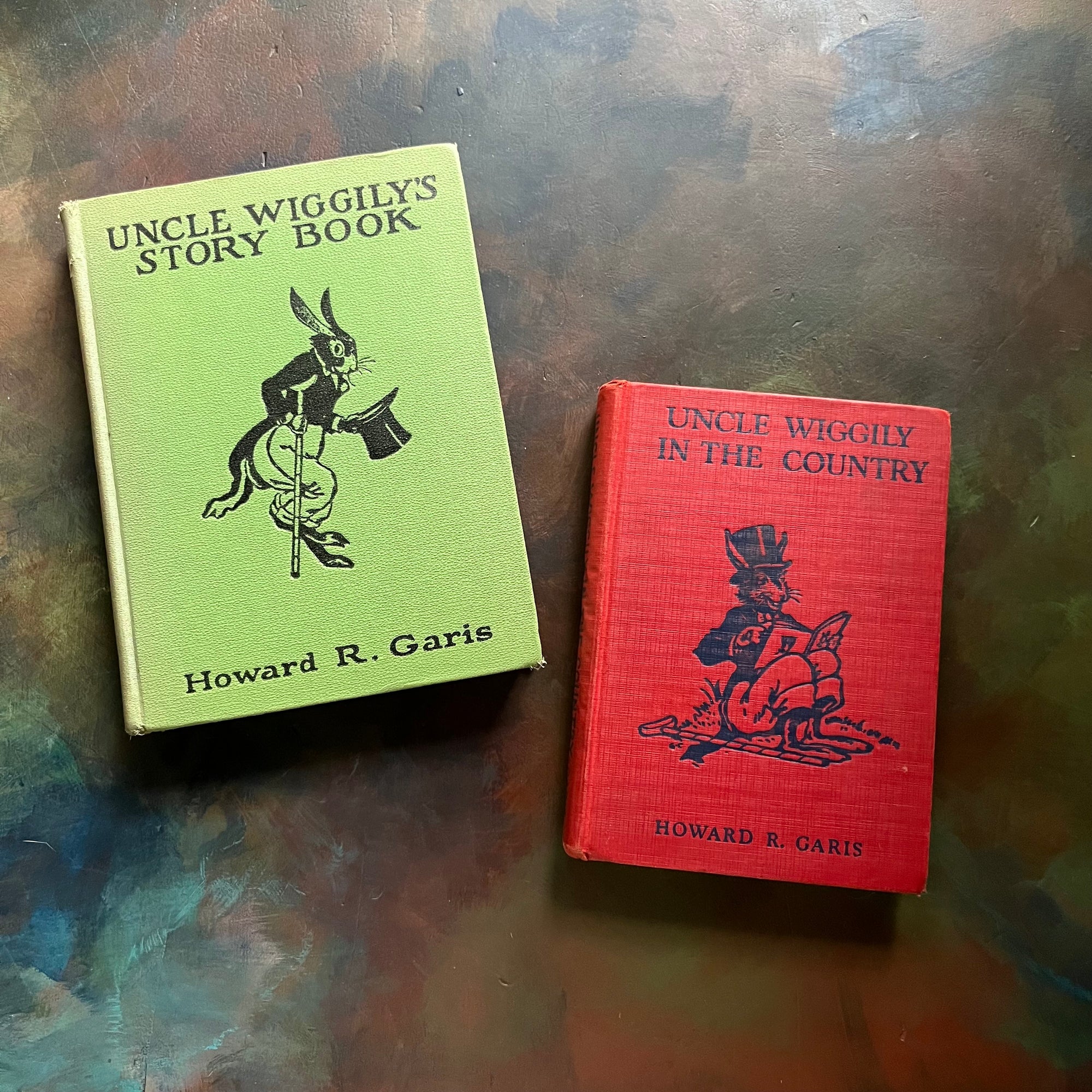 Pair of Uncle Wiggily Books written by Howard R. Garis-Uncle Wiggily's Story Book and Uncle Wiggily in the Country-antique children's books-view of the embossed front covers