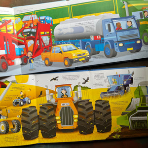 Pair of Usborne Books-The Big Book of Big Trucks and Some Little Ones Too-Big Book of Big Machines and Some Little Ones Too-picture books for kids-view of the fold-out pages