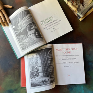 Pair of books written by Virginia Hamilton-The People Could Fly-Many Thousand Gone-Illustrated by Leo and Diane Dillon-American Black Folktales-children's stories-US History-African American History-view of the title pages with frontispieces