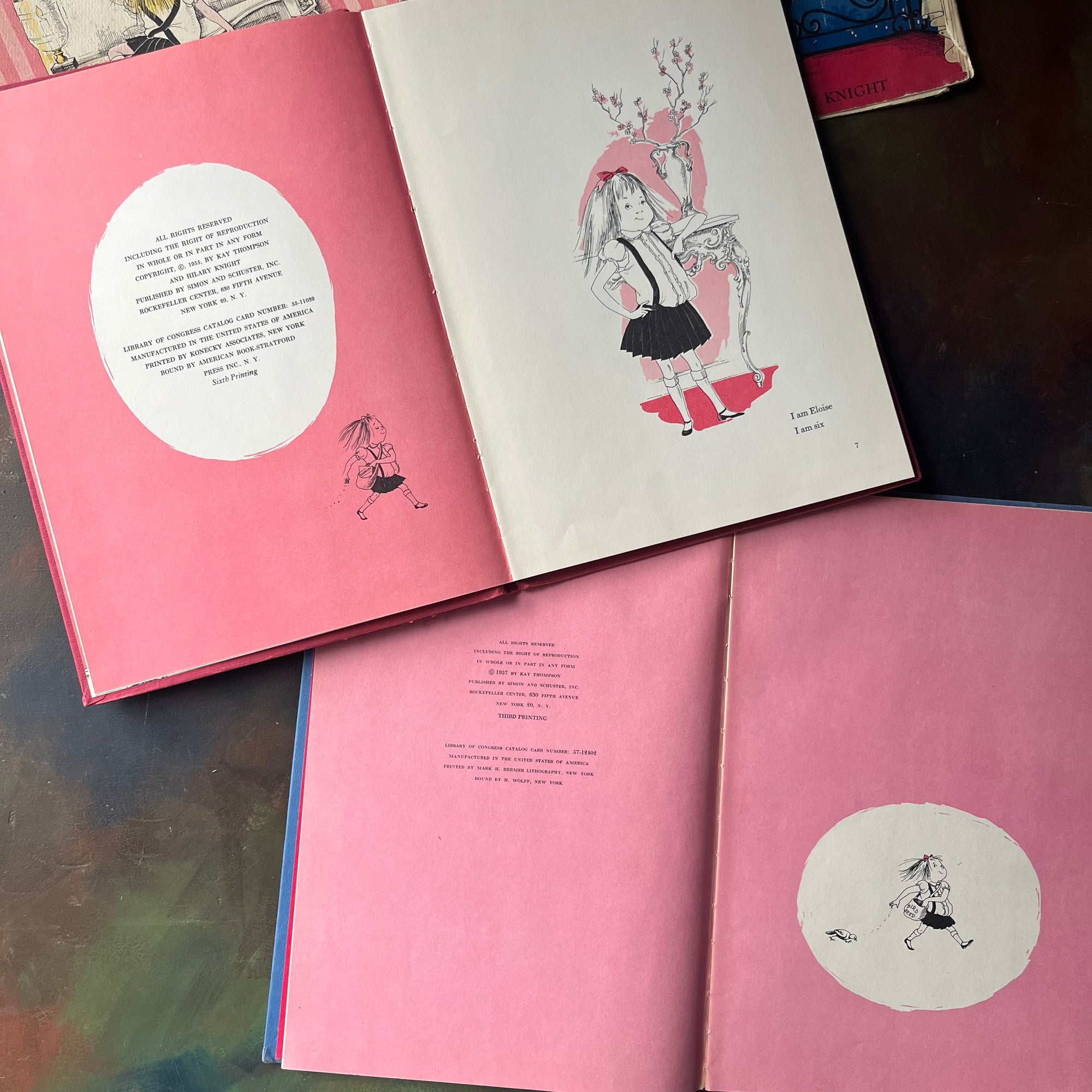 Pair of first edition Eloise Books by Kay Thompson-Eloise (6th Printing)-Eloise in Paris (3rd Printing)-Hilary Knight-vintage children's picture books-view of the copyright pages