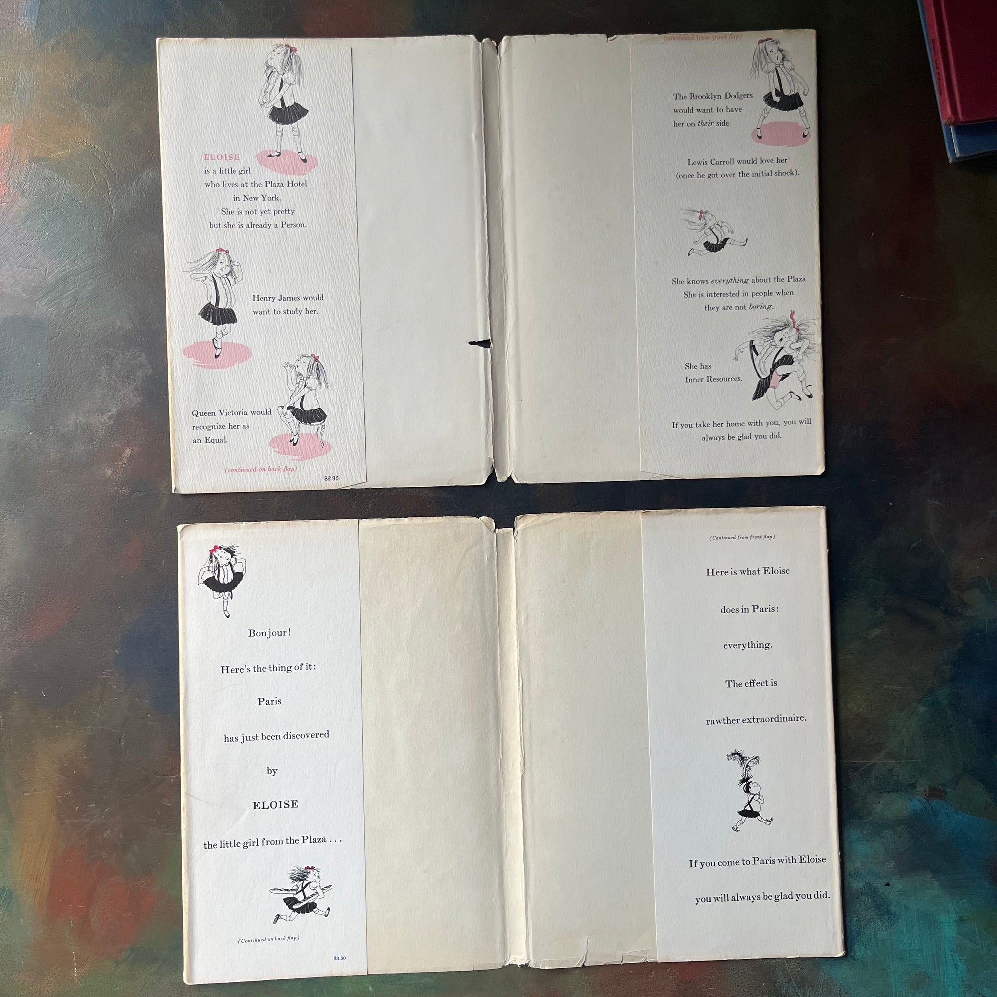 Pair of first edition Eloise Books by Kay Thompson-Eloise (6th Printing)-Eloise in Paris (3rd Printing)-Hilary Knight-vintage children's picture books-view of the dust jackets inside flaps
