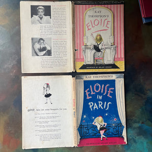 Pair of first edition Eloise Books by Kay Thompson-Eloise (6th Printing)-Eloise in Paris (3rd Printing)-Hilary Knight-vintage children's picture books-view of the outside of the dust jackets