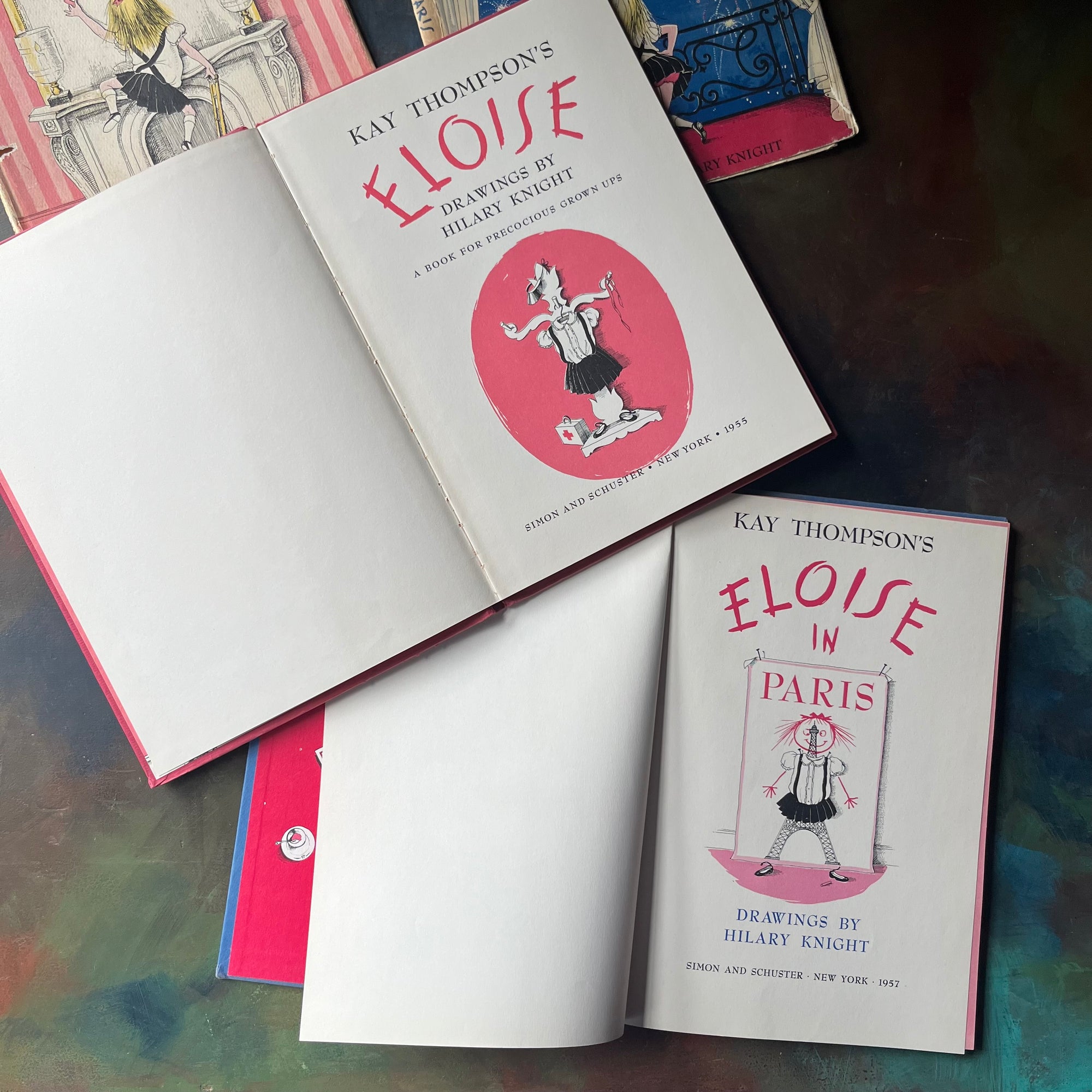 Pair of first edition Eloise Books by Kay Thompson-Eloise (6th Printing)-Eloise in Paris (3rd Printing)-Hilary Knight-vintage children's picture books-view of the title pages