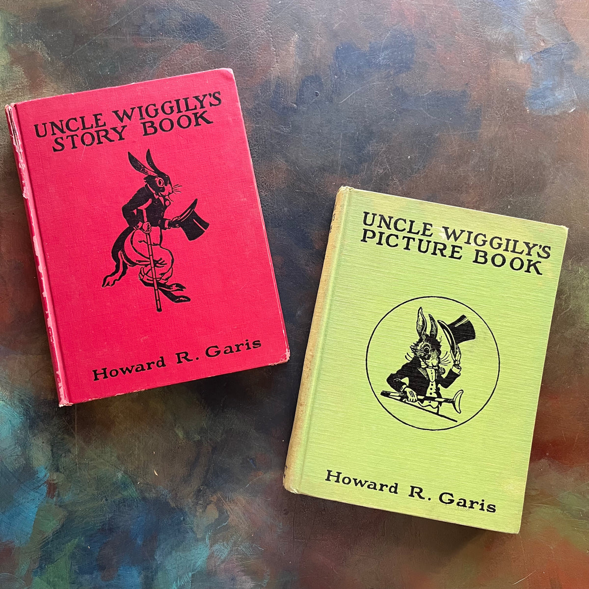 Pair of storybooks written by Howard R. Garis-Uncle Wiggily's Picture Book and Uncle Wiggily's Story Book-vintage children's chapter books-read aloud favorites-view of the front covers