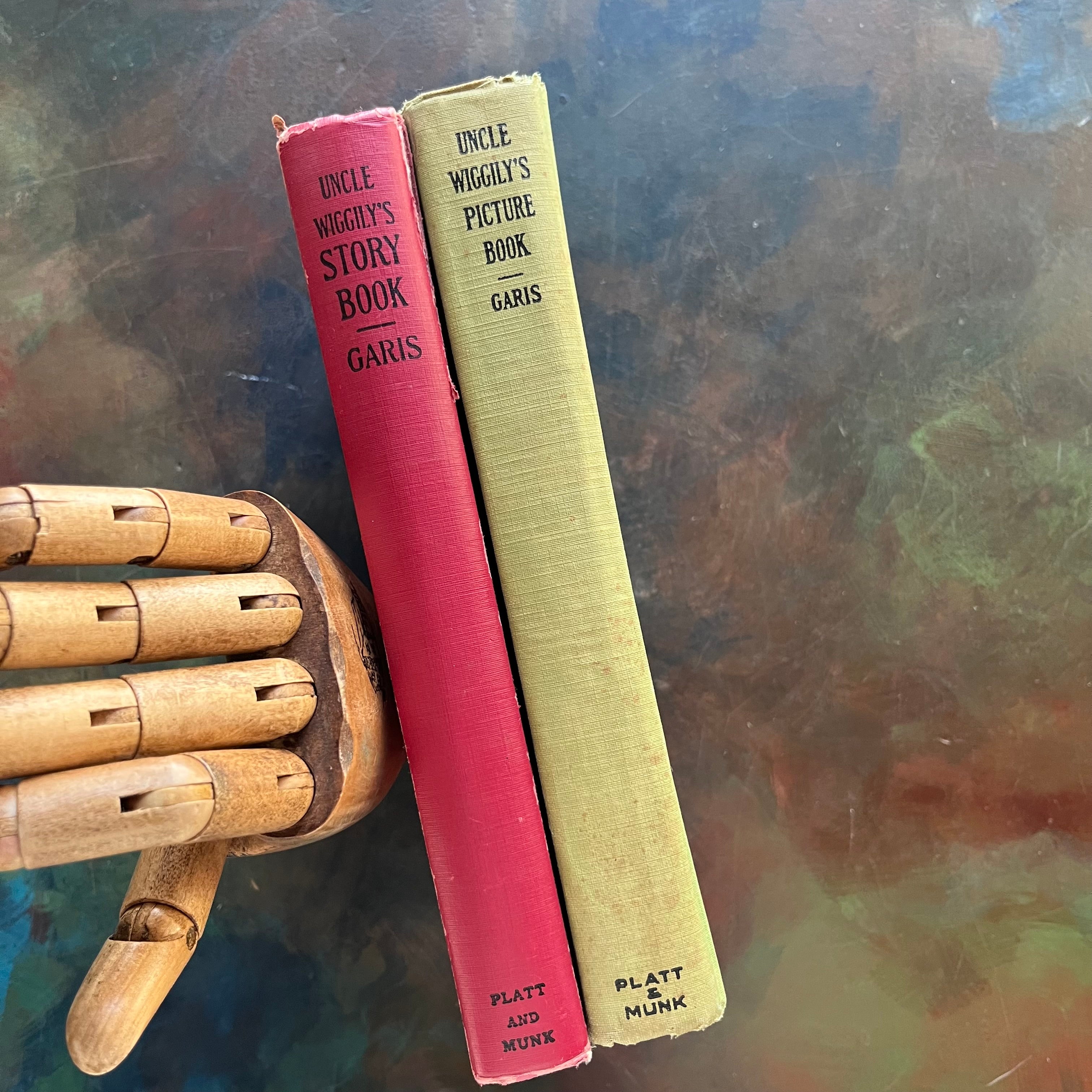 Pair of storybooks written by Howard R. Garis-Uncle Wiggily's Picture Book and Uncle Wiggily's Story Book-vintage children's chapter books-read aloud favorites-view of the spines