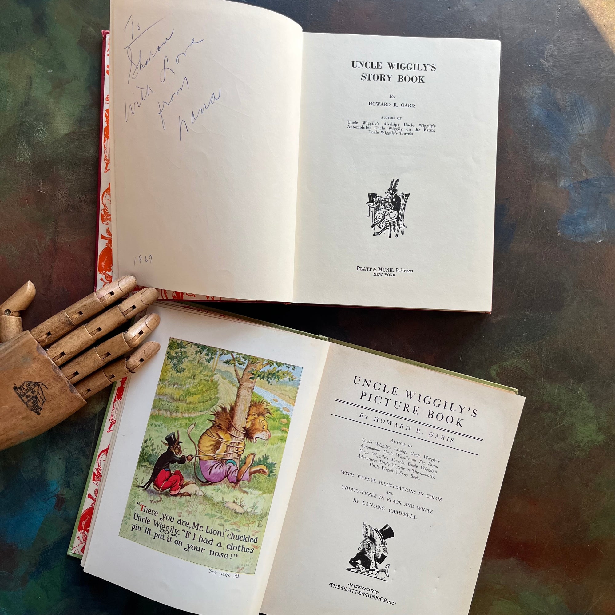 Pair of storybooks written by Howard R. Garis-Uncle Wiggily's Picture Book and Uncle Wiggily's Story Book-vintage children's chapter books-read aloud favorites-view of the title pages